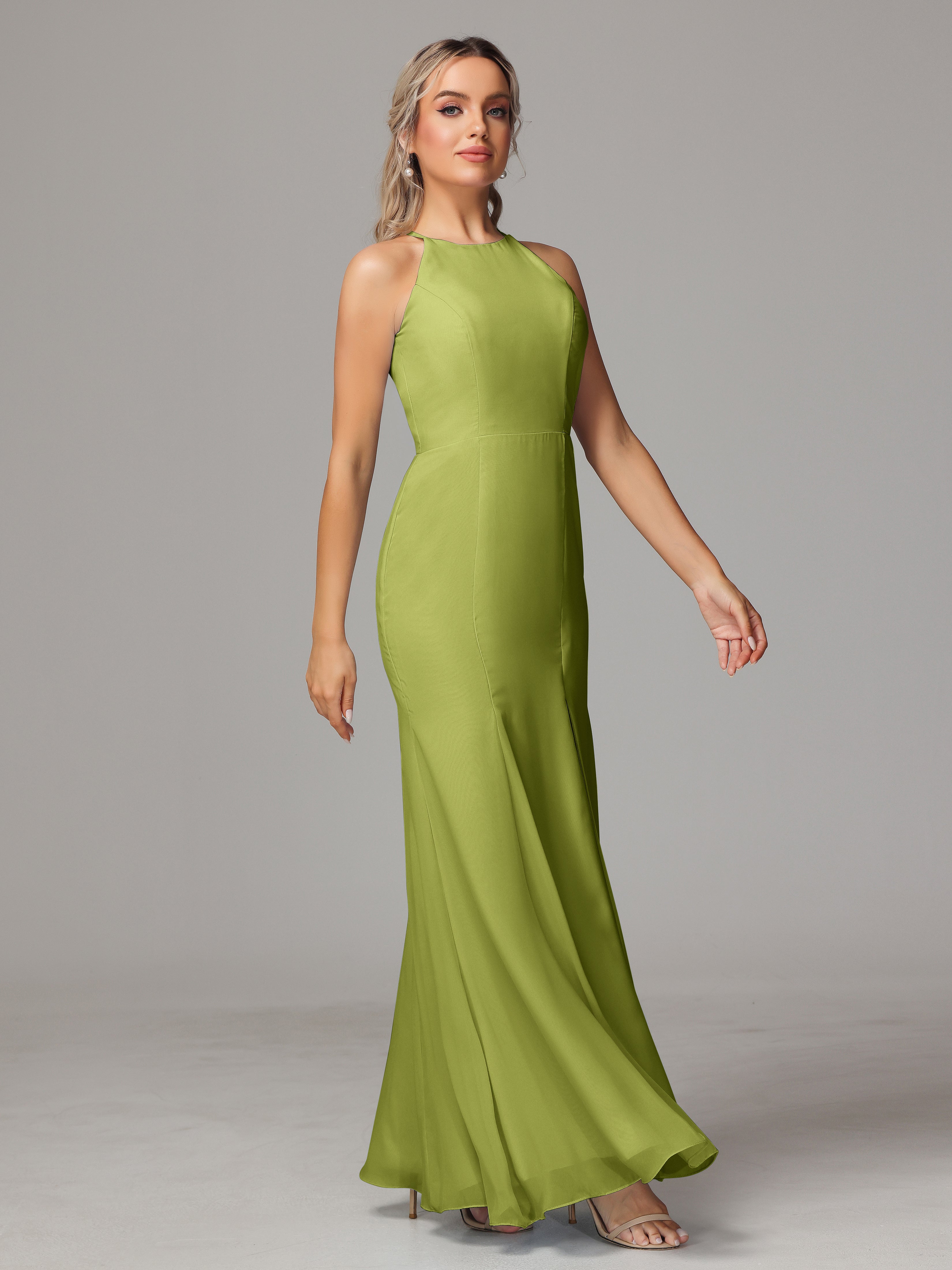 Halter Open Back Chiffon Wedding Guest Dress With Slit