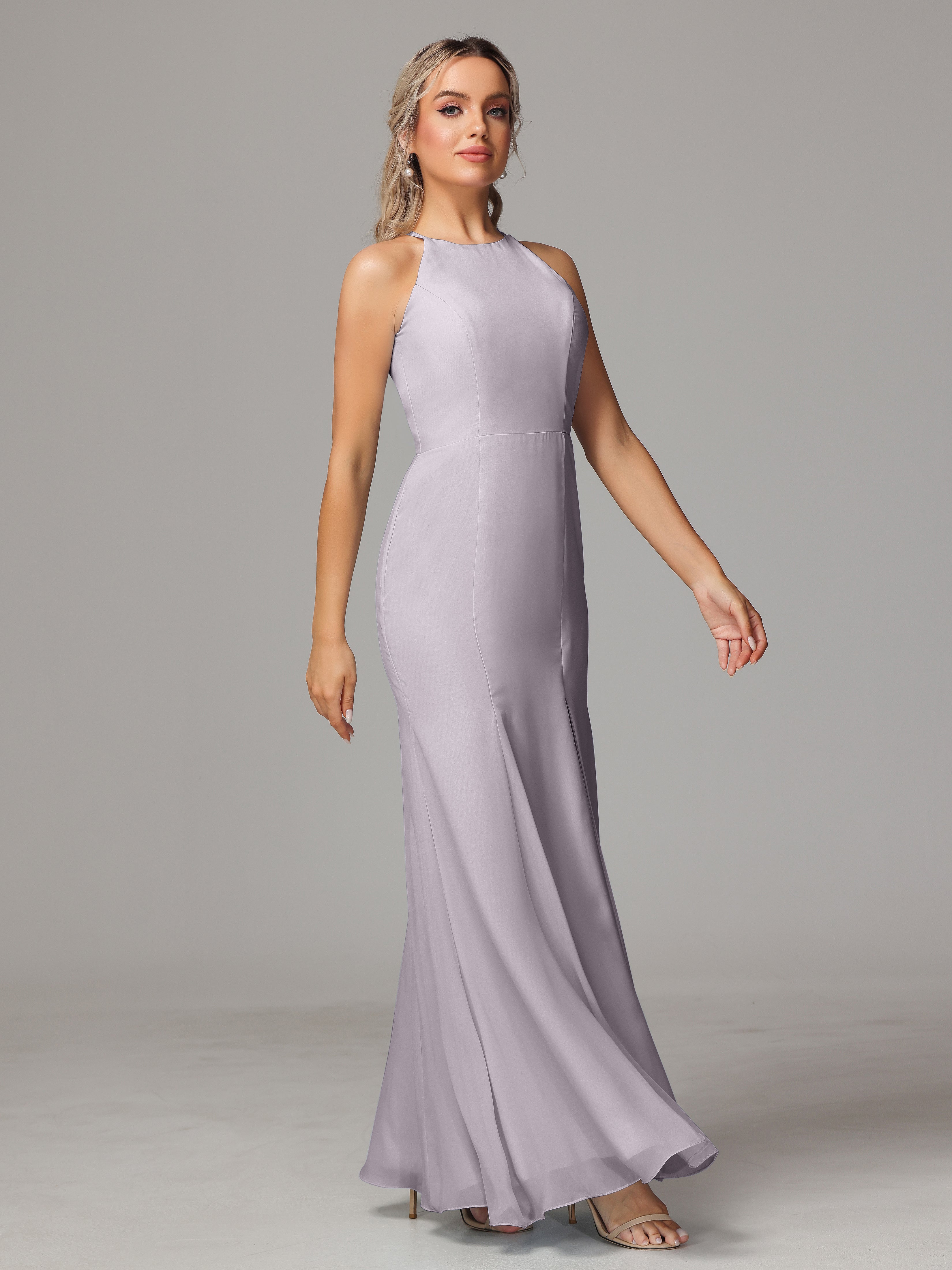 Halter Open Back Chiffon Wedding Guest Dress With Slit