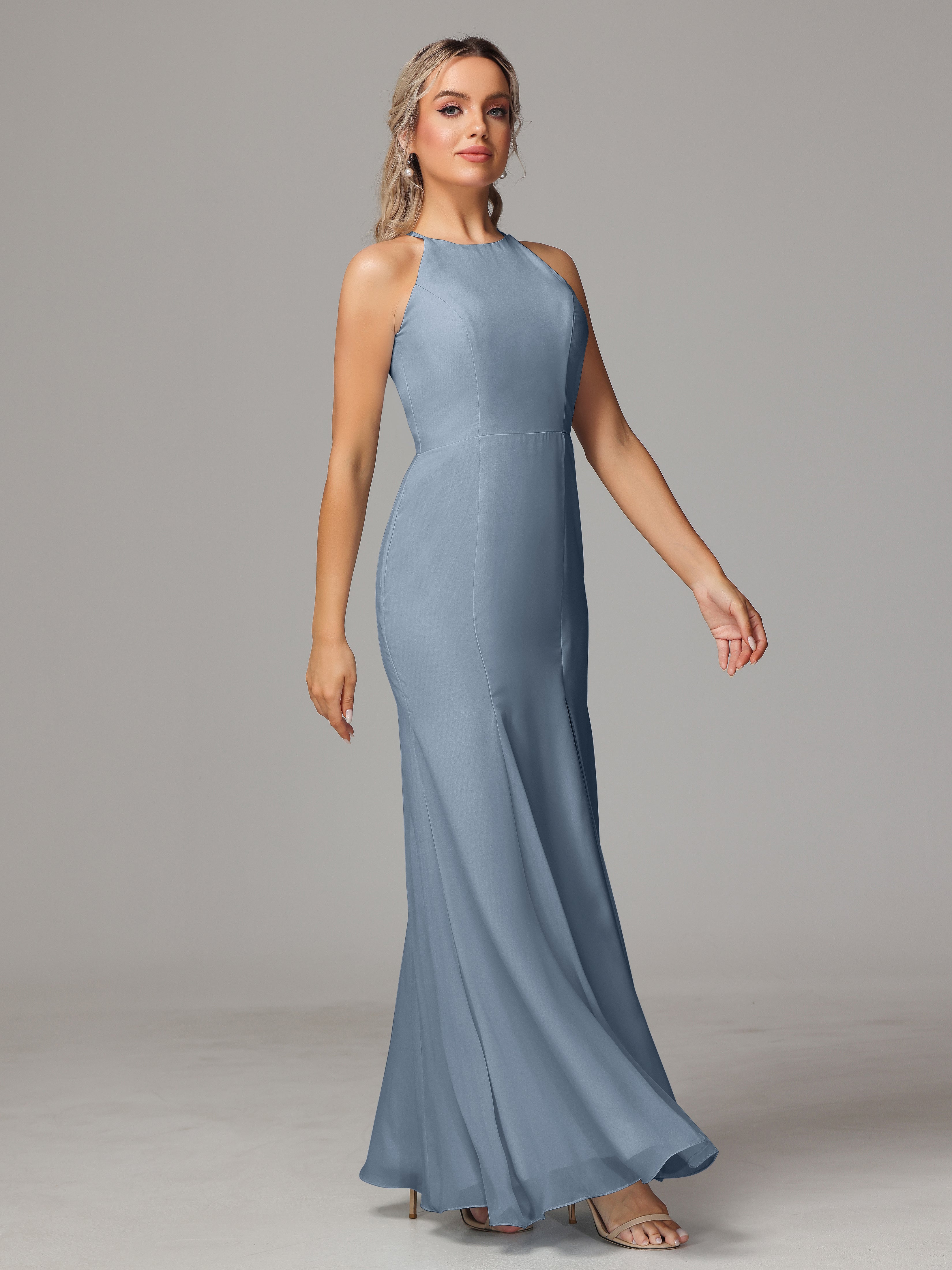 Halter Open Back Chiffon Wedding Guest Dress With Slit