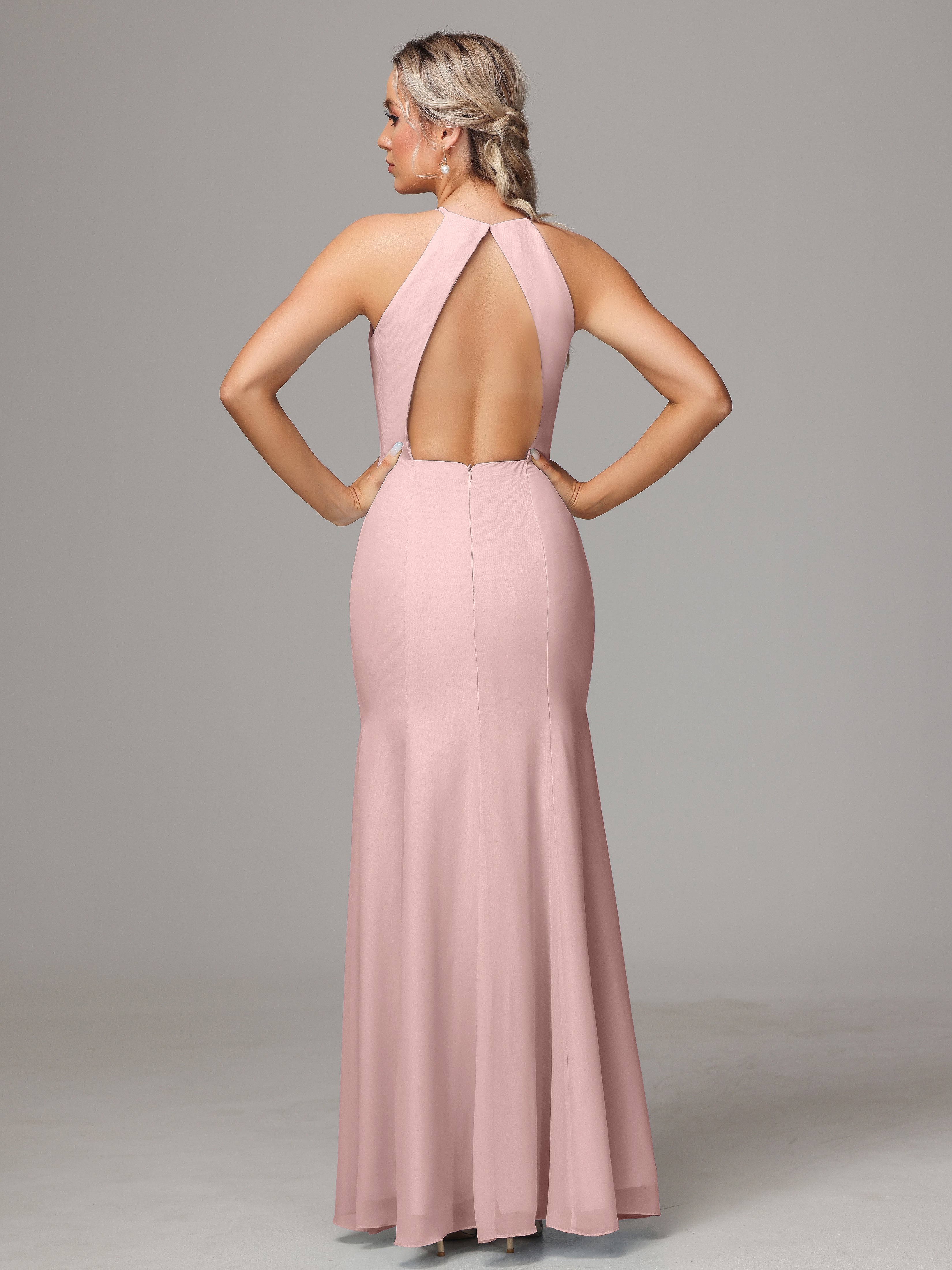 Halter Open Back Chiffon Wedding Guest Dress With Slit