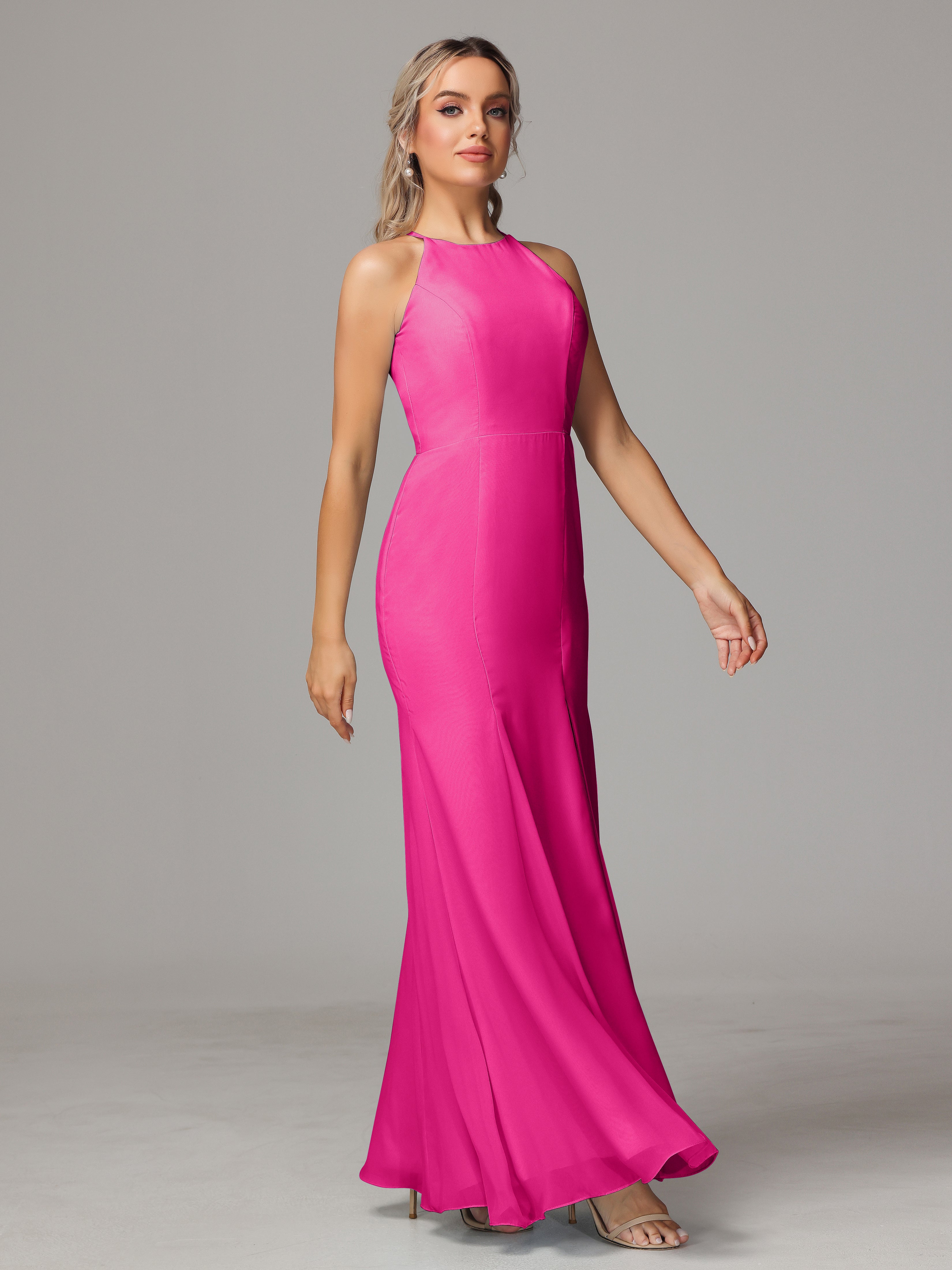 Halter Open Back Chiffon Wedding Guest Dress With Slit