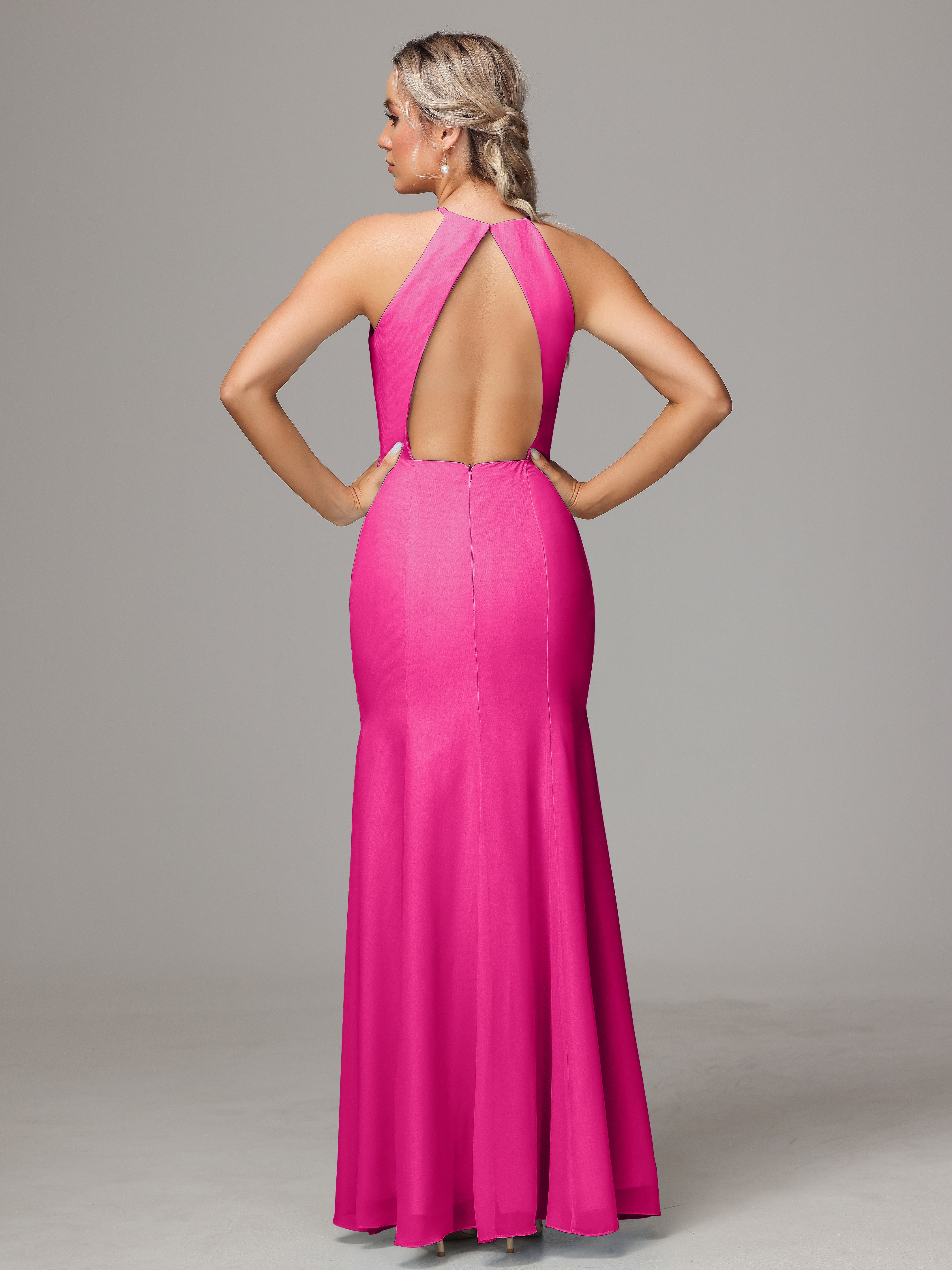 Halter Open Back Chiffon Wedding Guest Dress With Slit