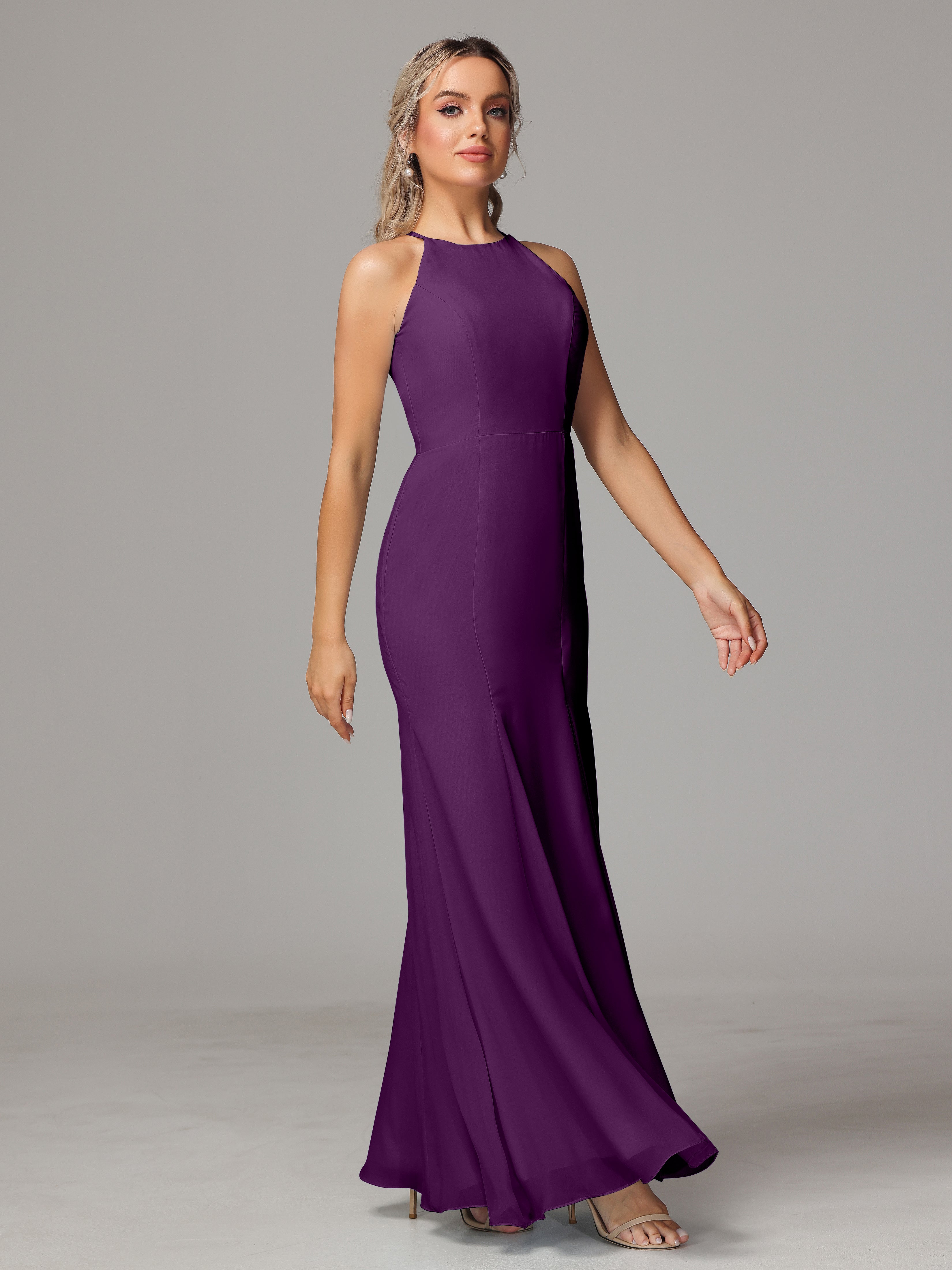 Halter Open Back Chiffon Wedding Guest Dress With Slit