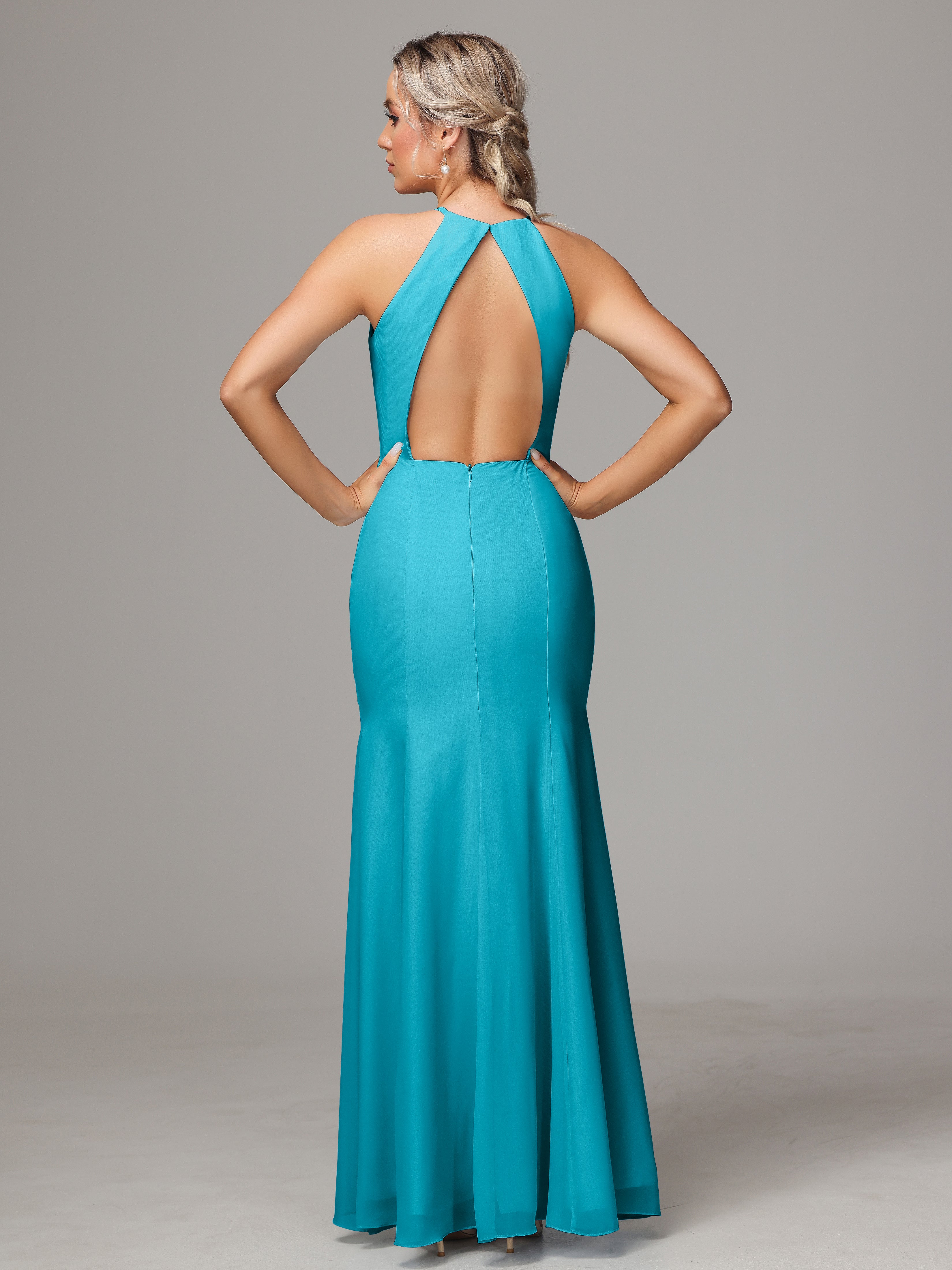 Halter Open Back Chiffon Wedding Guest Dress With Slit