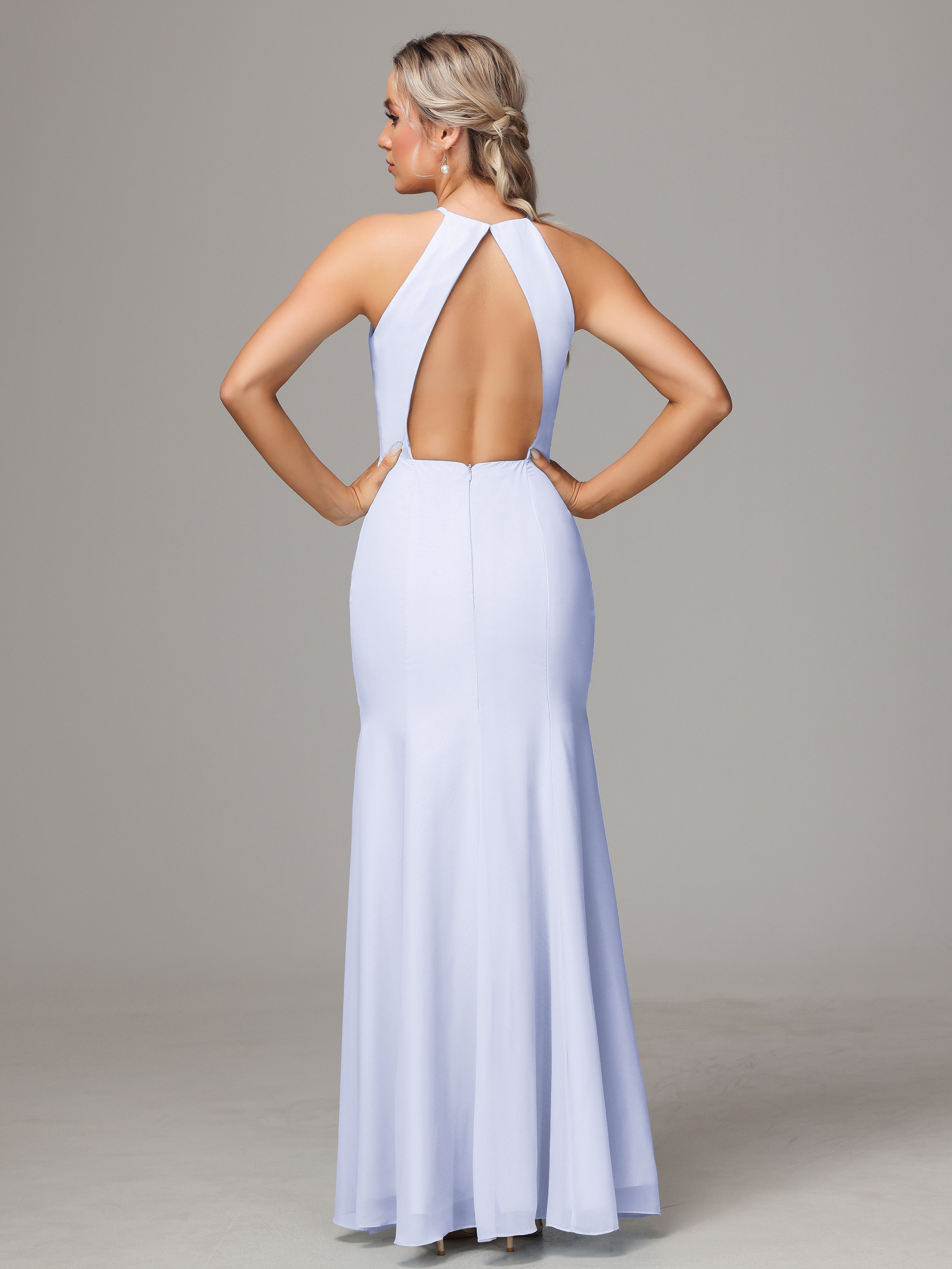 Halter Open Back Chiffon Wedding Guest Dress With Slit