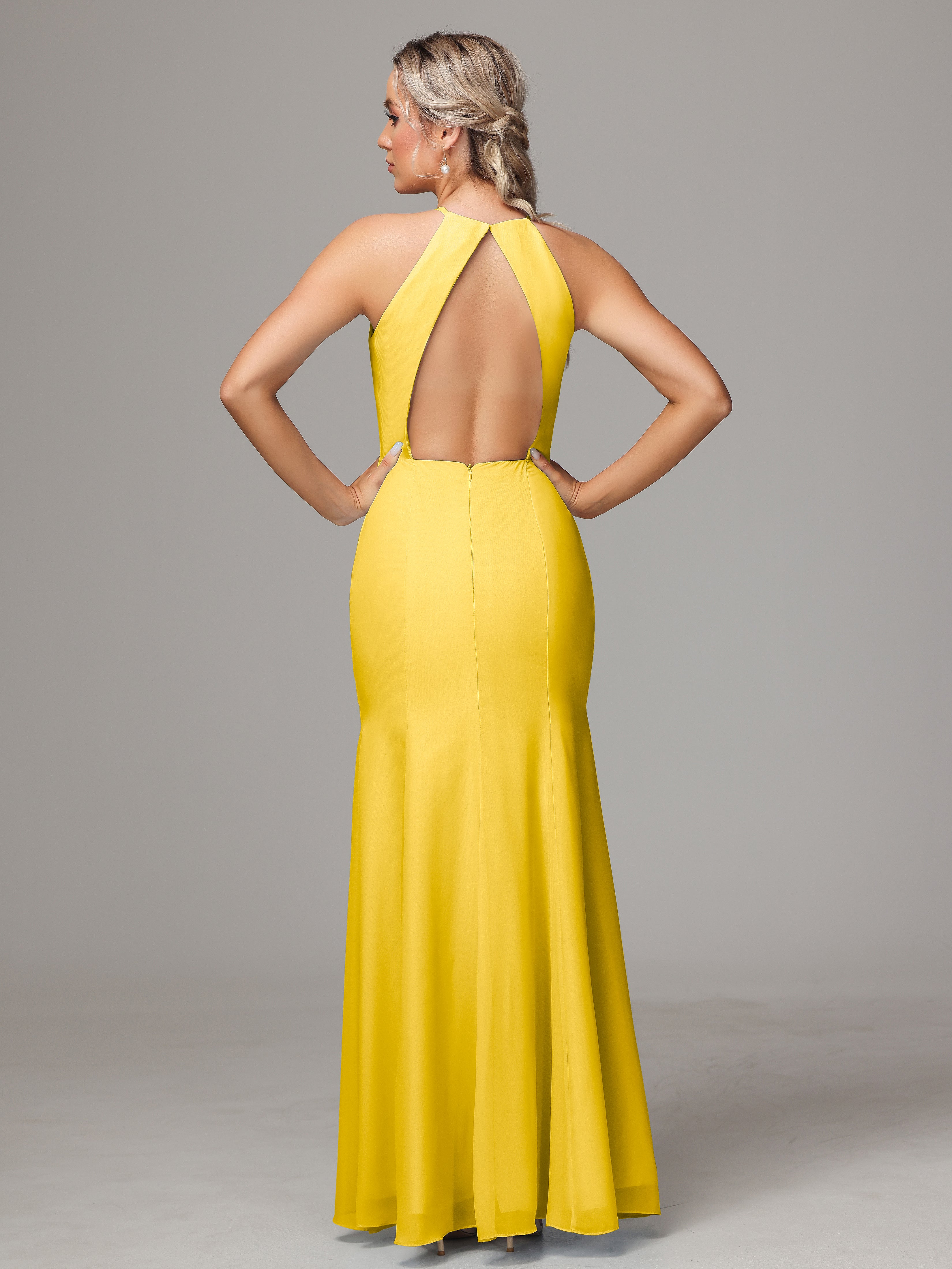 Halter Open Back Chiffon Wedding Guest Dress With Slit