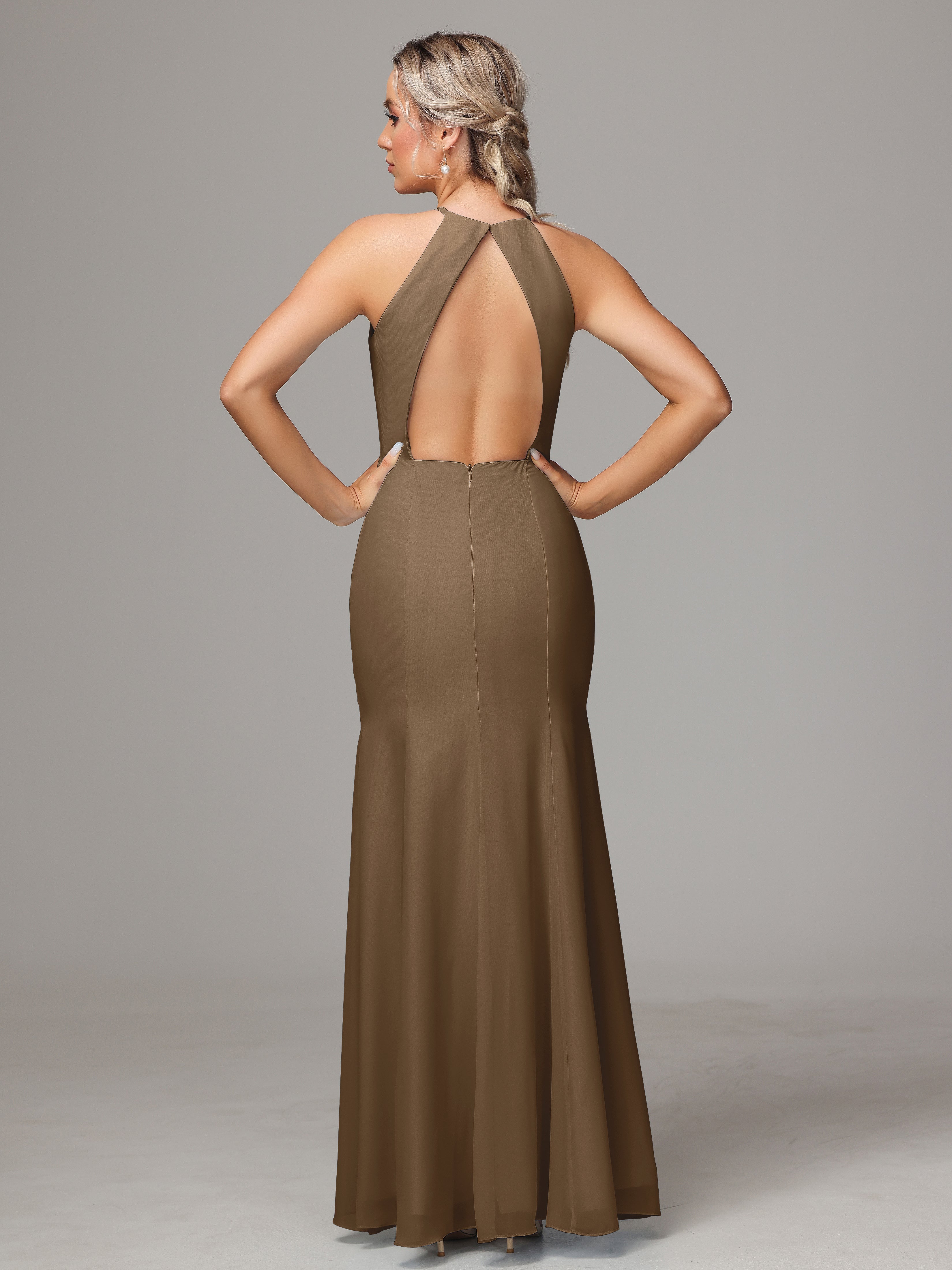 Halter Open Back Chiffon Wedding Guest Dress With Slit