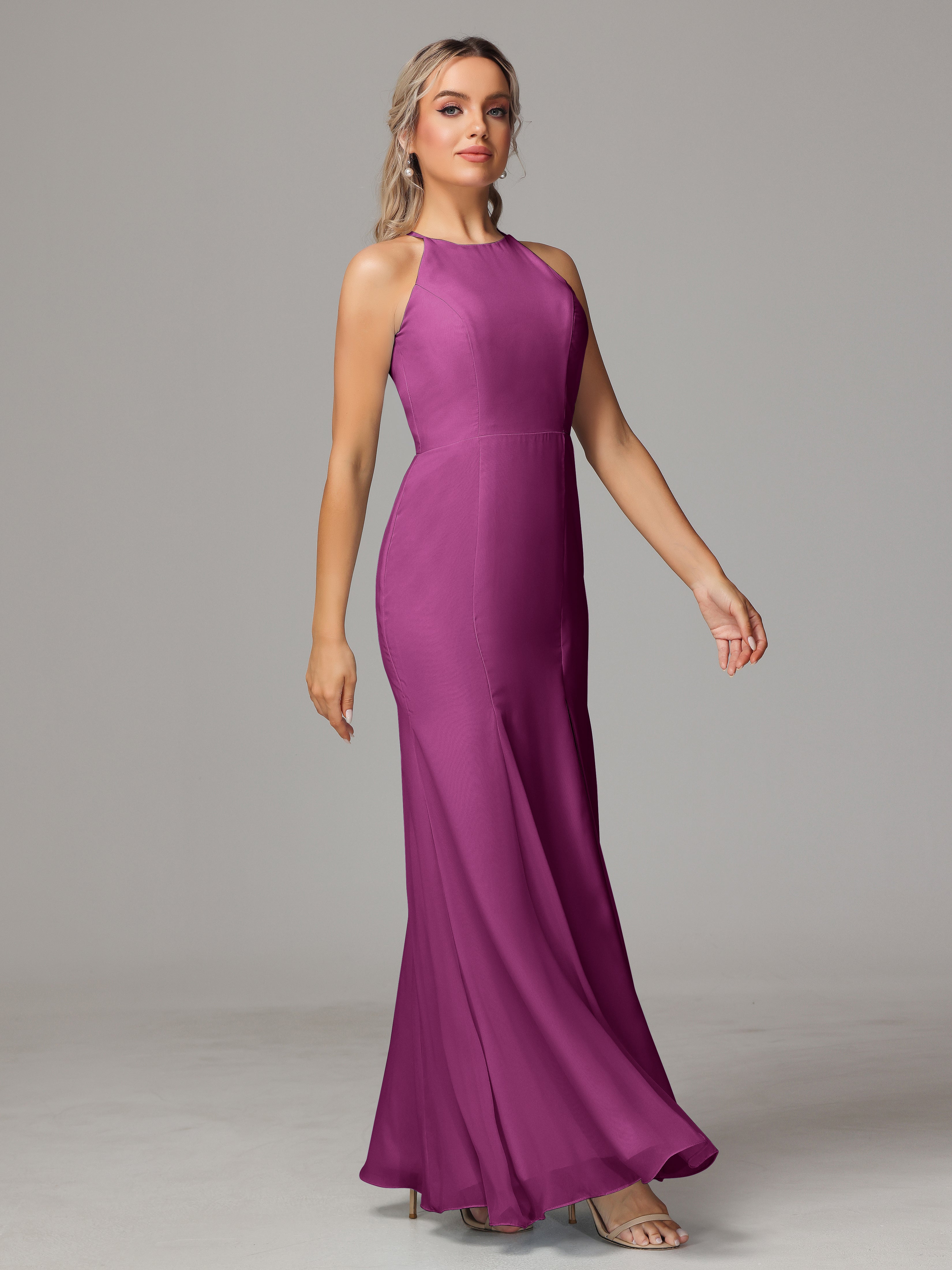 Halter Open Back Chiffon Wedding Guest Dress With Slit