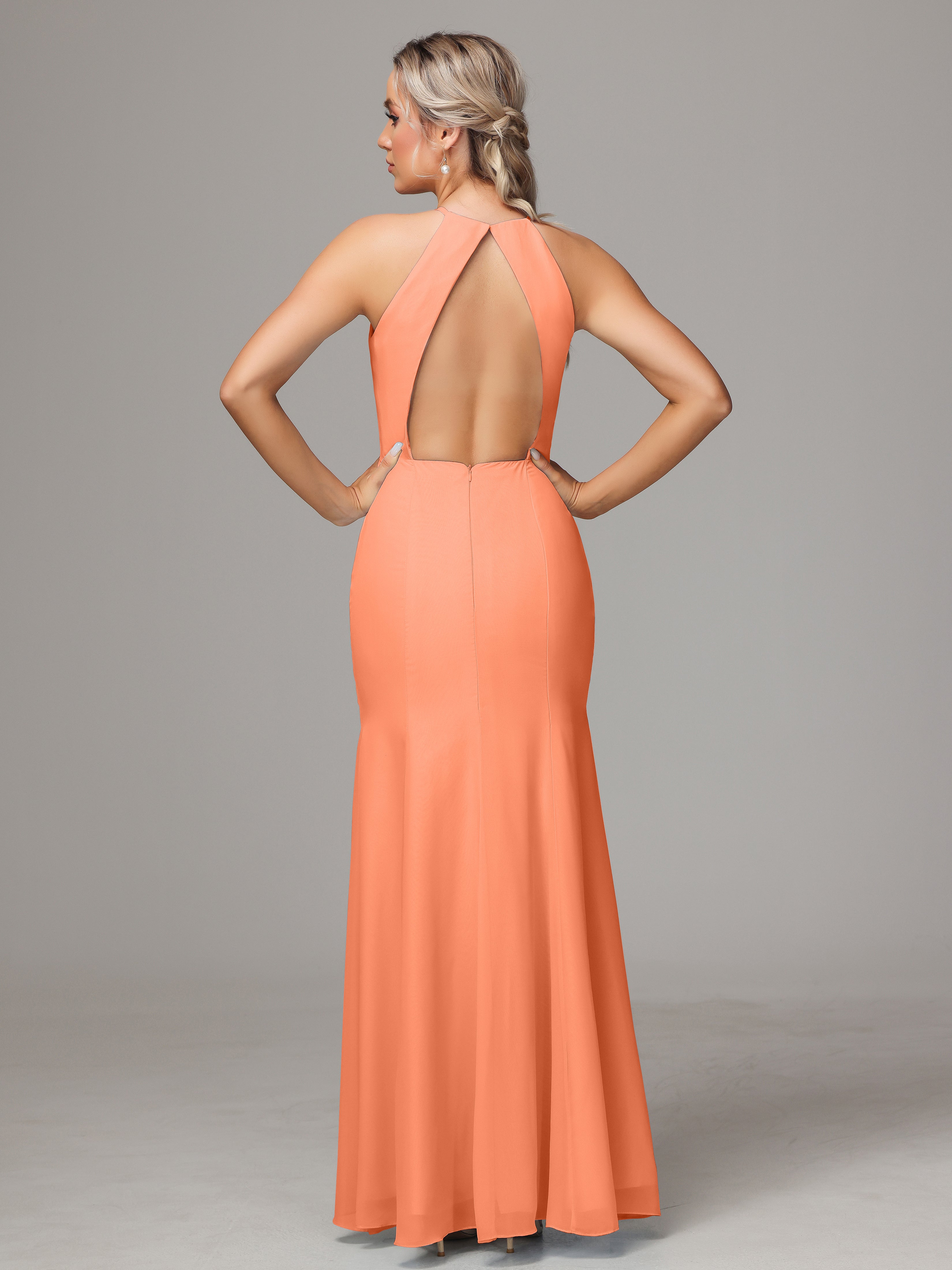 Halter Open Back Chiffon Wedding Guest Dress With Slit