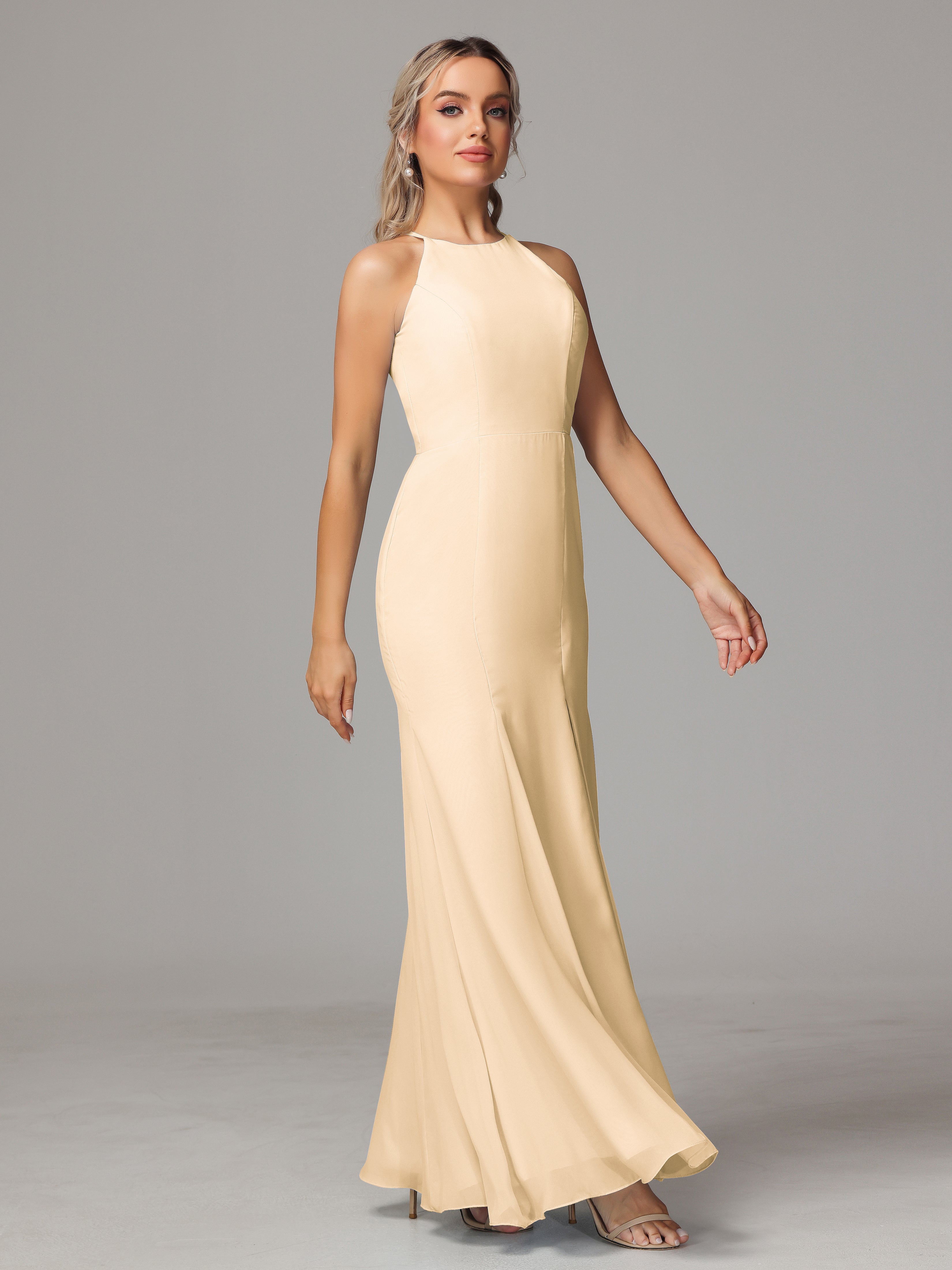 Halter Open Back Chiffon Wedding Guest Dress With Slit