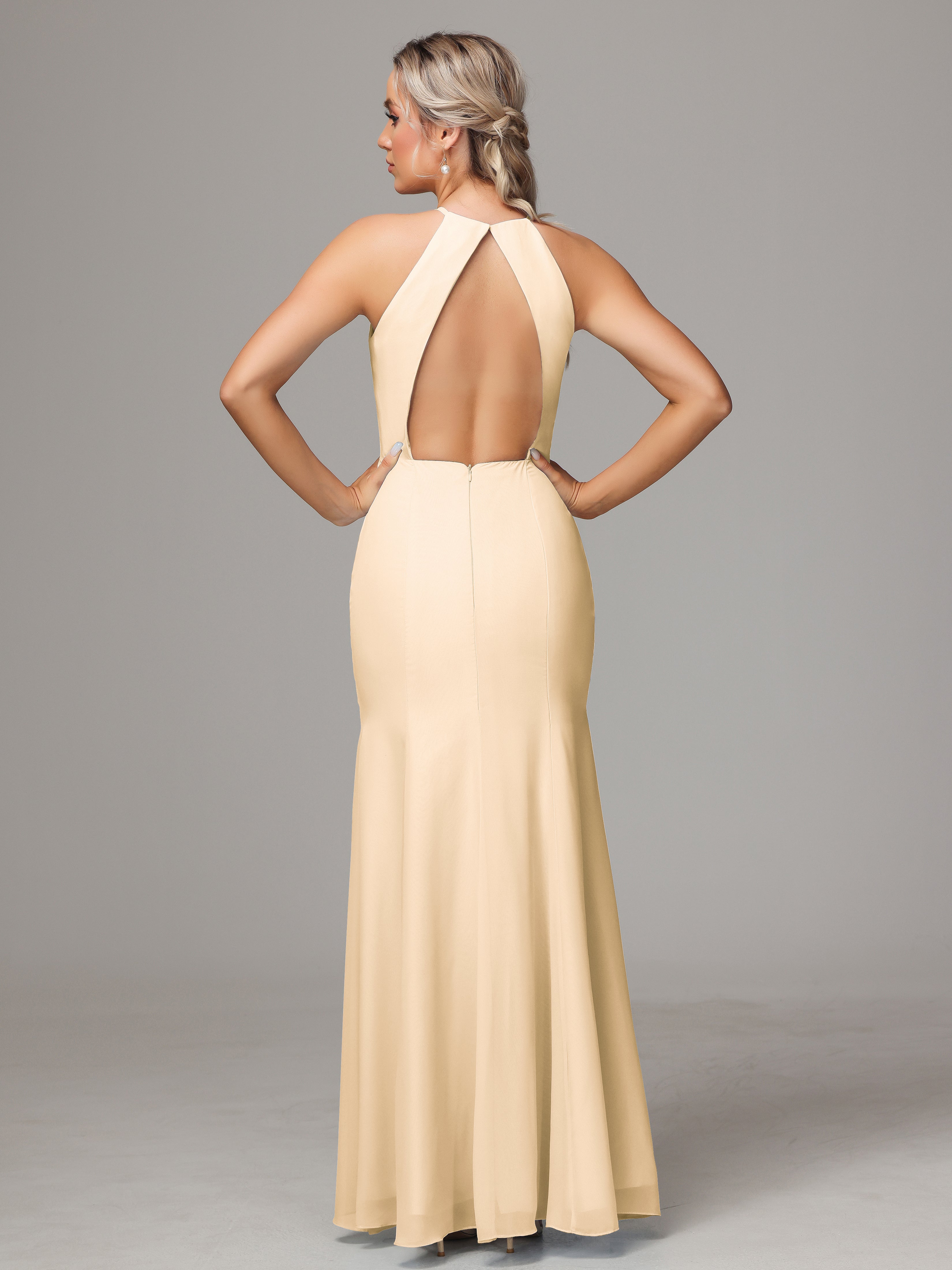 Halter Open Back Chiffon Wedding Guest Dress With Slit