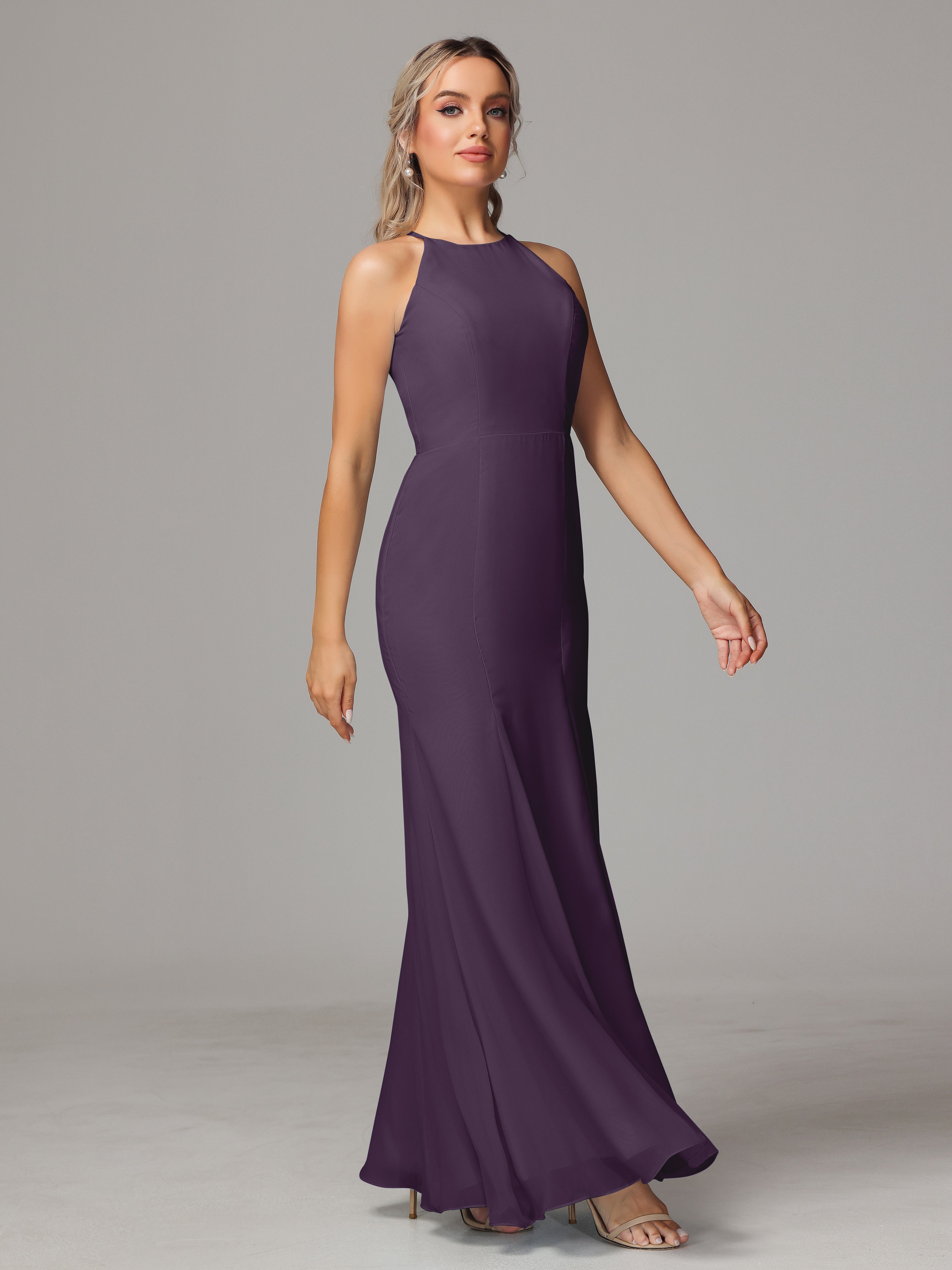 Halter Open Back Chiffon Wedding Guest Dress With Slit