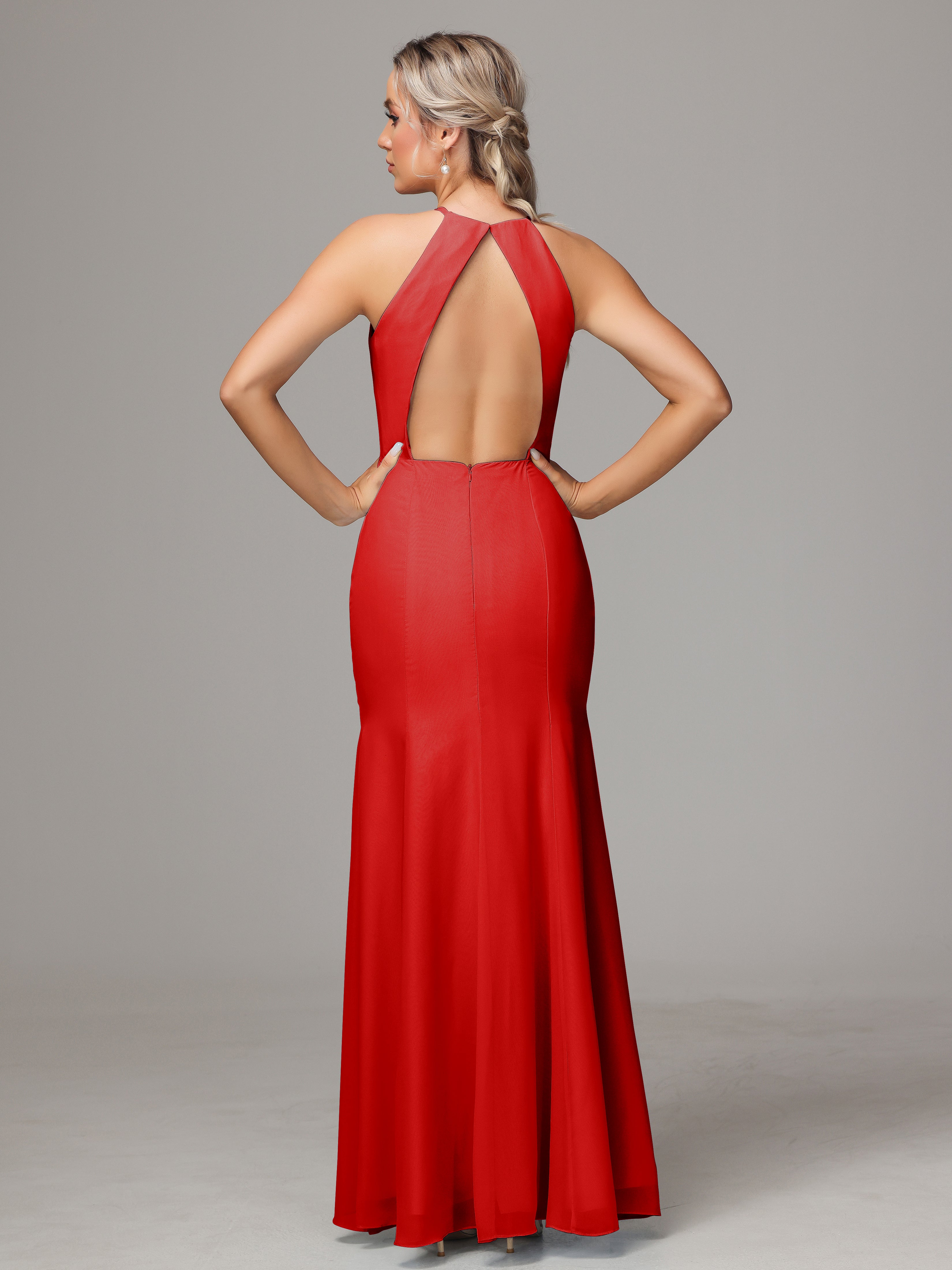 Halter Open Back Chiffon Wedding Guest Dress With Slit