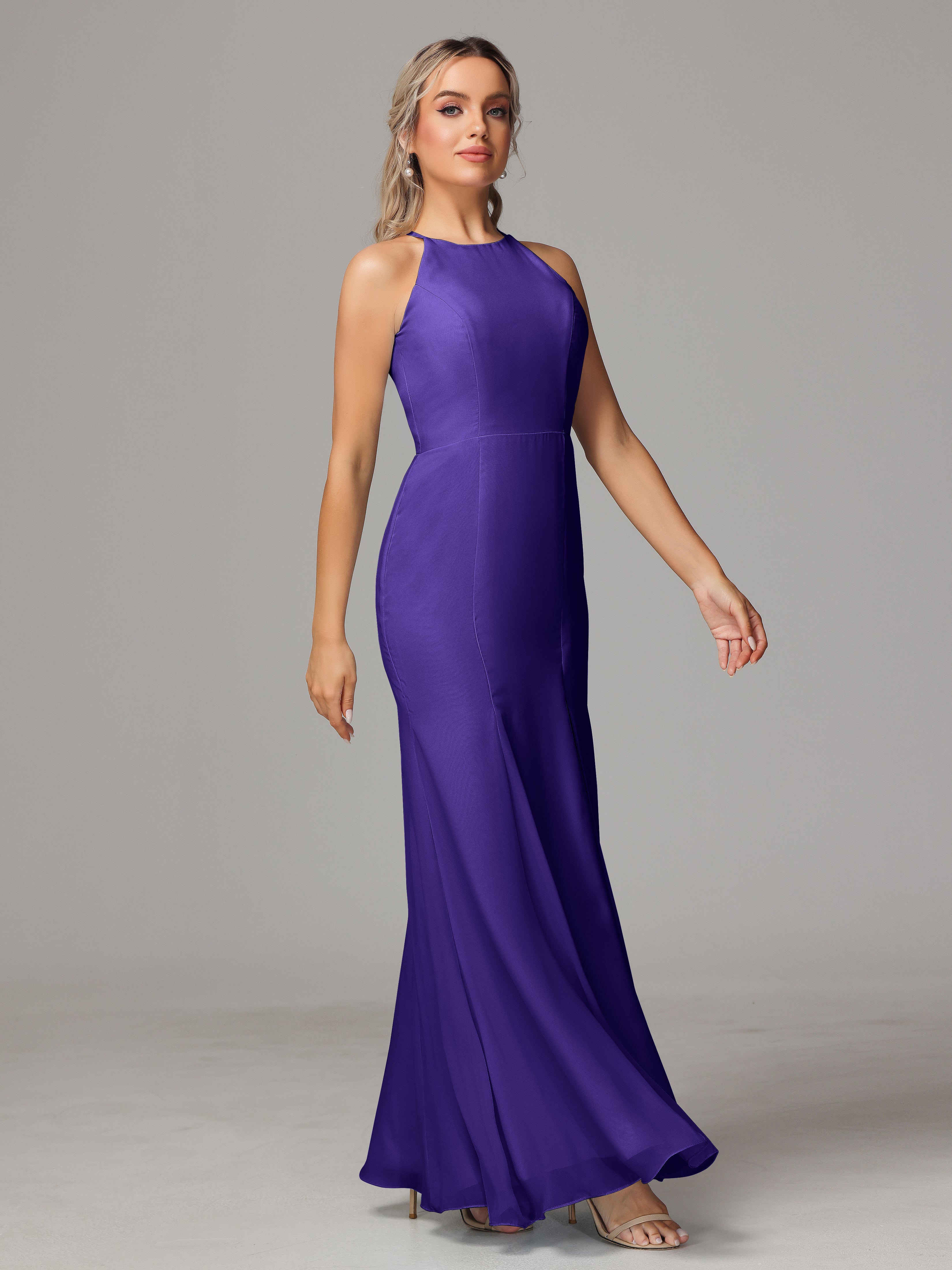 Halter Open Back Chiffon Wedding Guest Dress With Slit