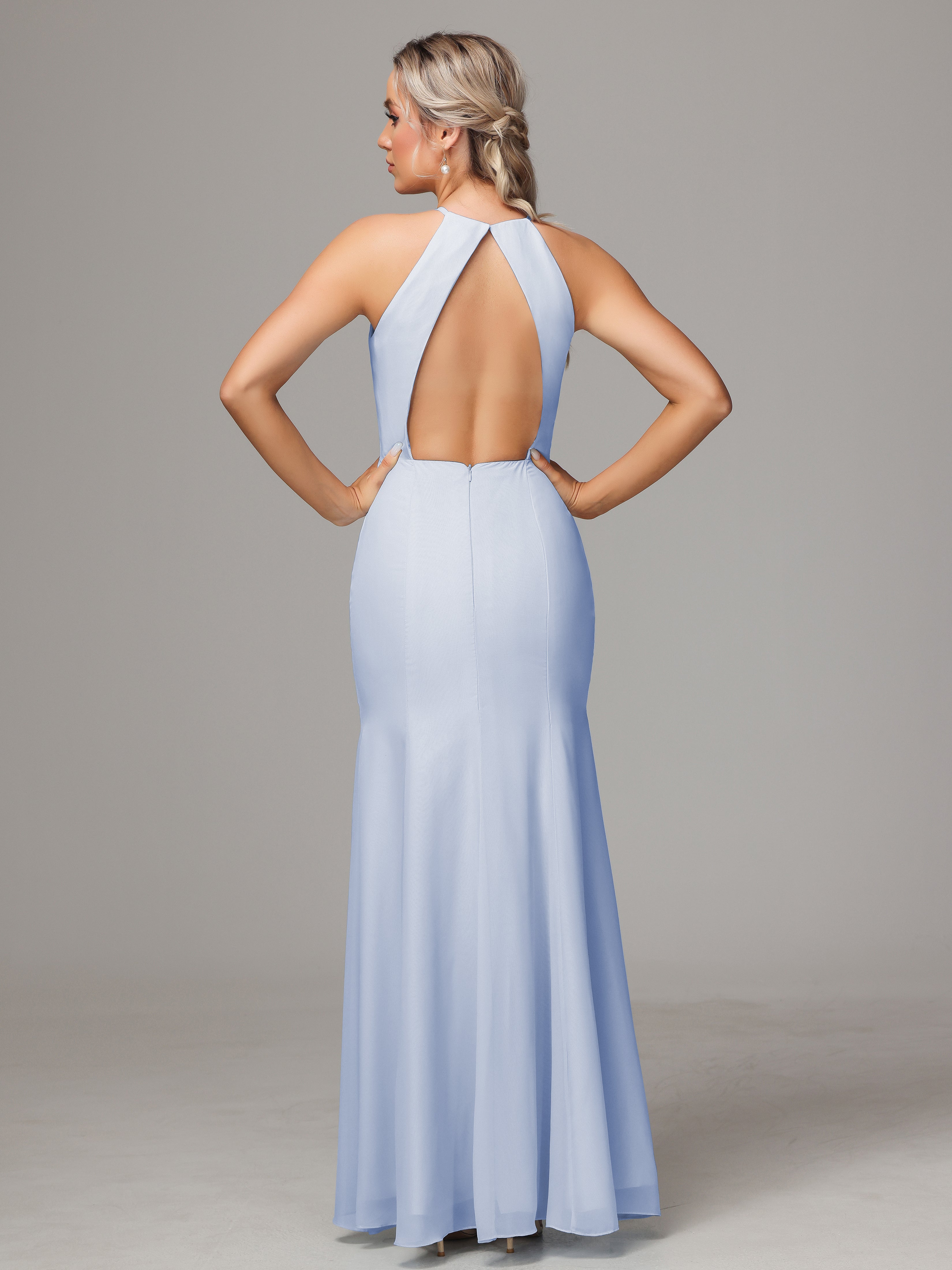 Halter Open Back Chiffon Wedding Guest Dress With Slit