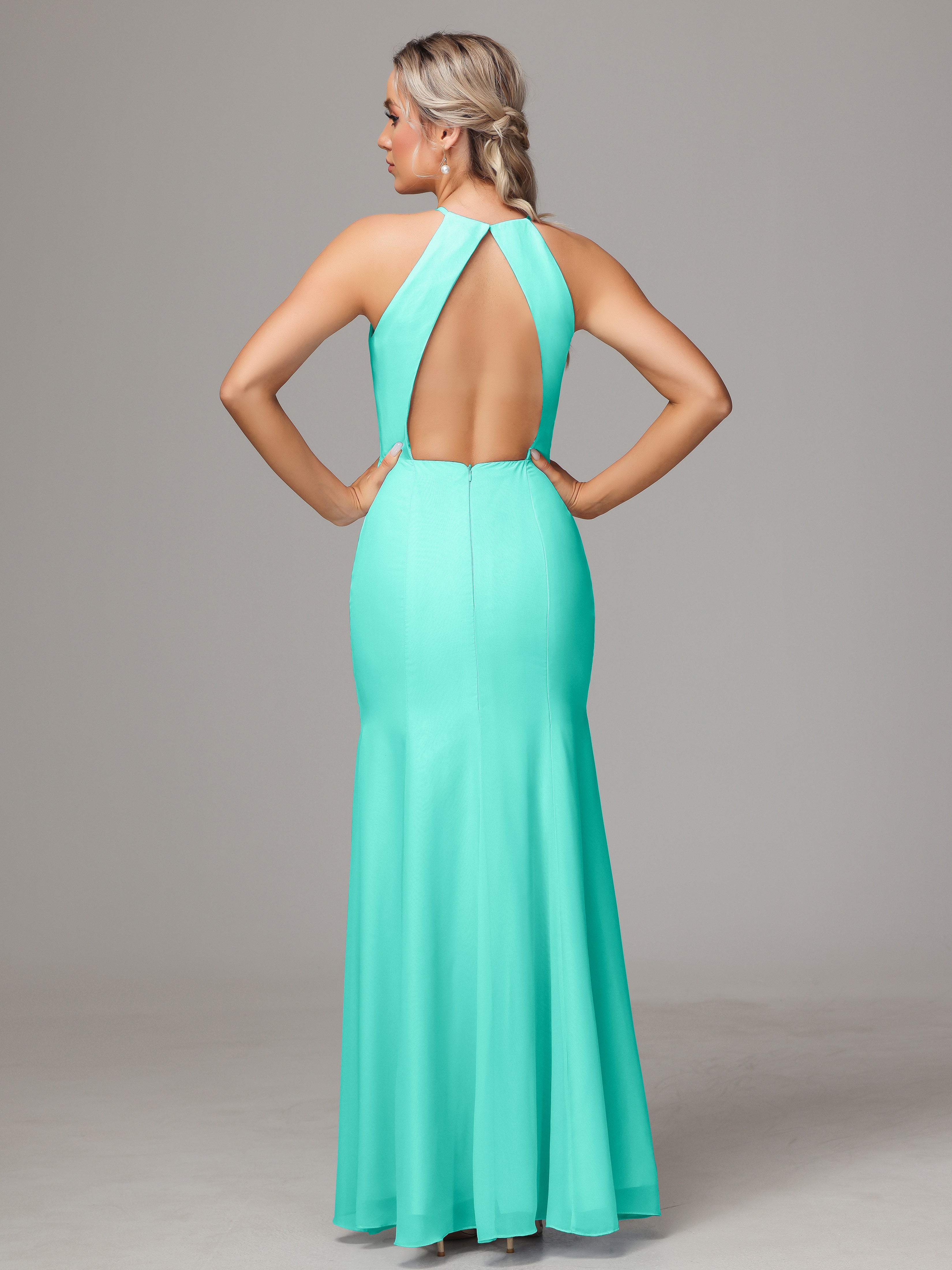 Halter Open Back Chiffon Wedding Guest Dress With Slit