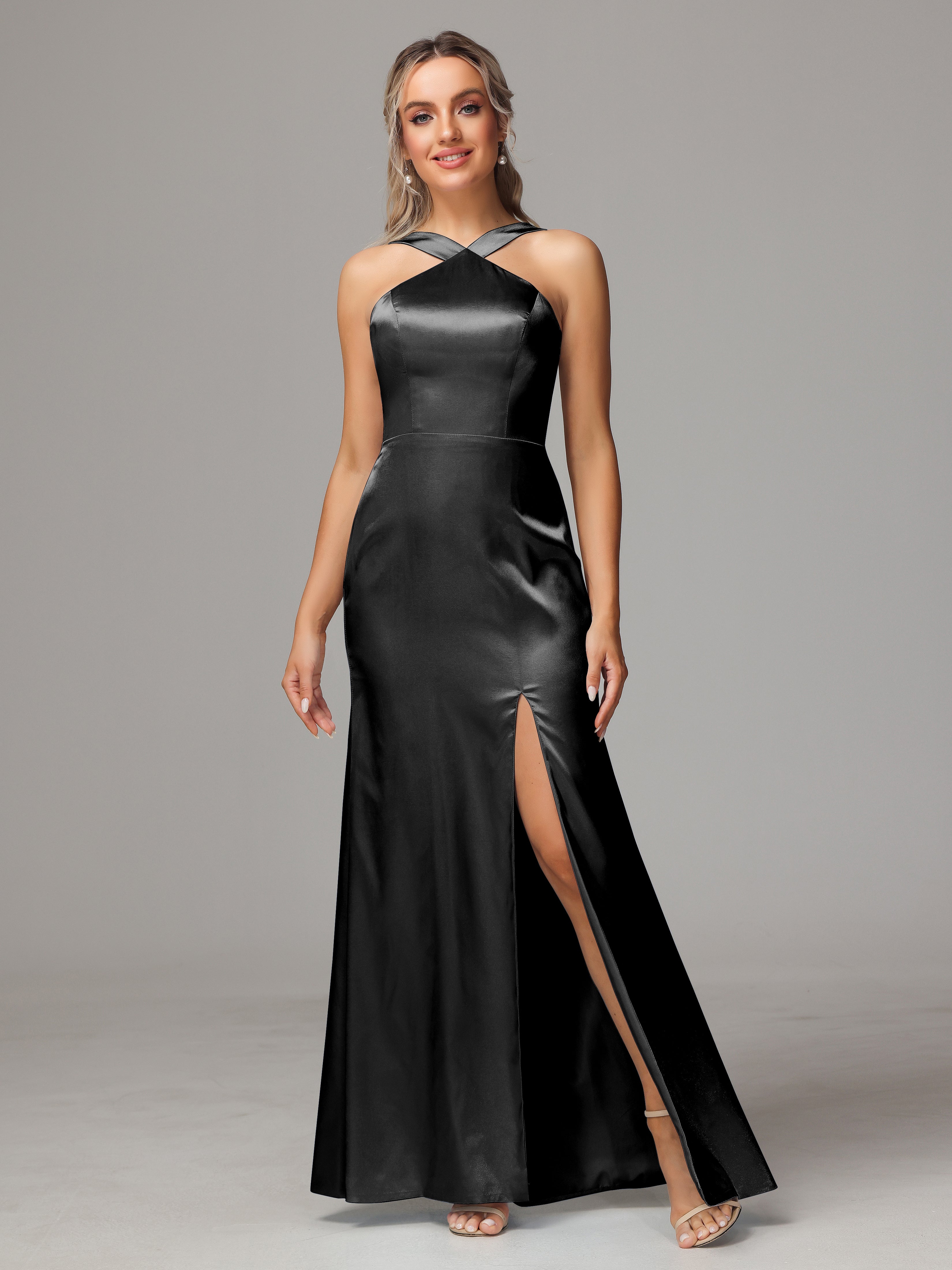 Halter Sleeveless Soft Satin Wedding Guest Dress