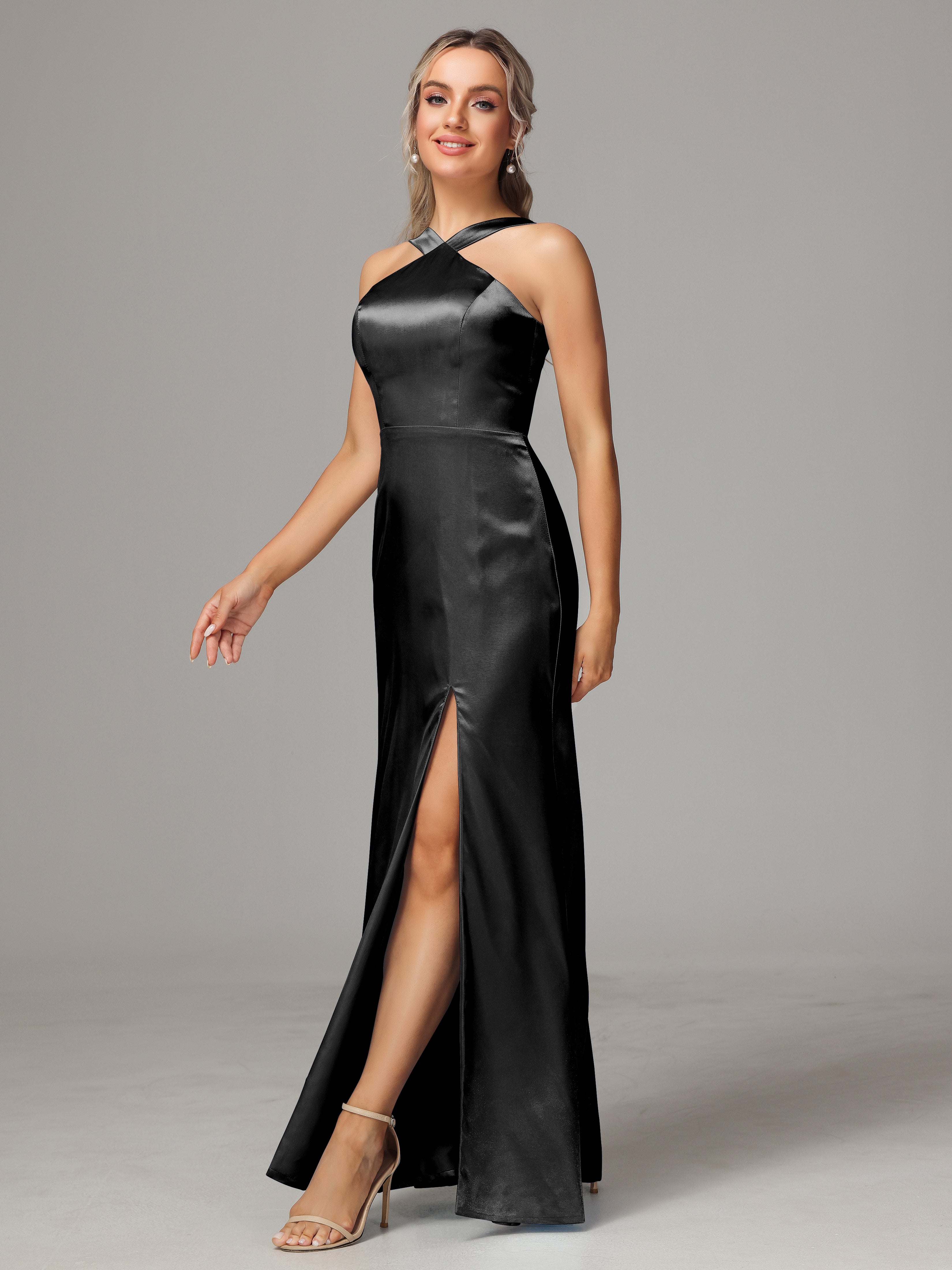 Halter Sleeveless Soft Satin Wedding Guest Dress