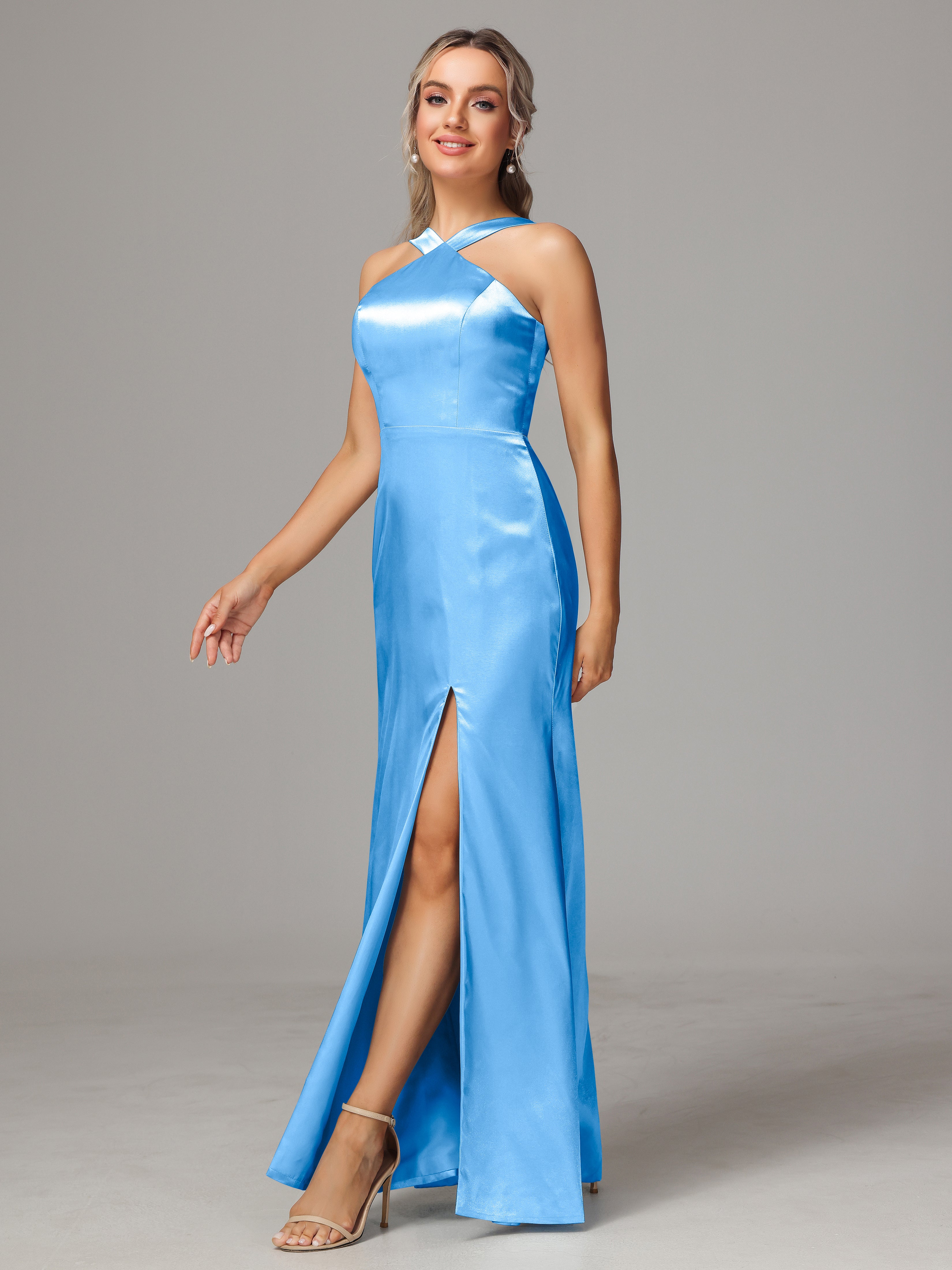 Halter Sleeveless Soft Satin Wedding Guest Dress