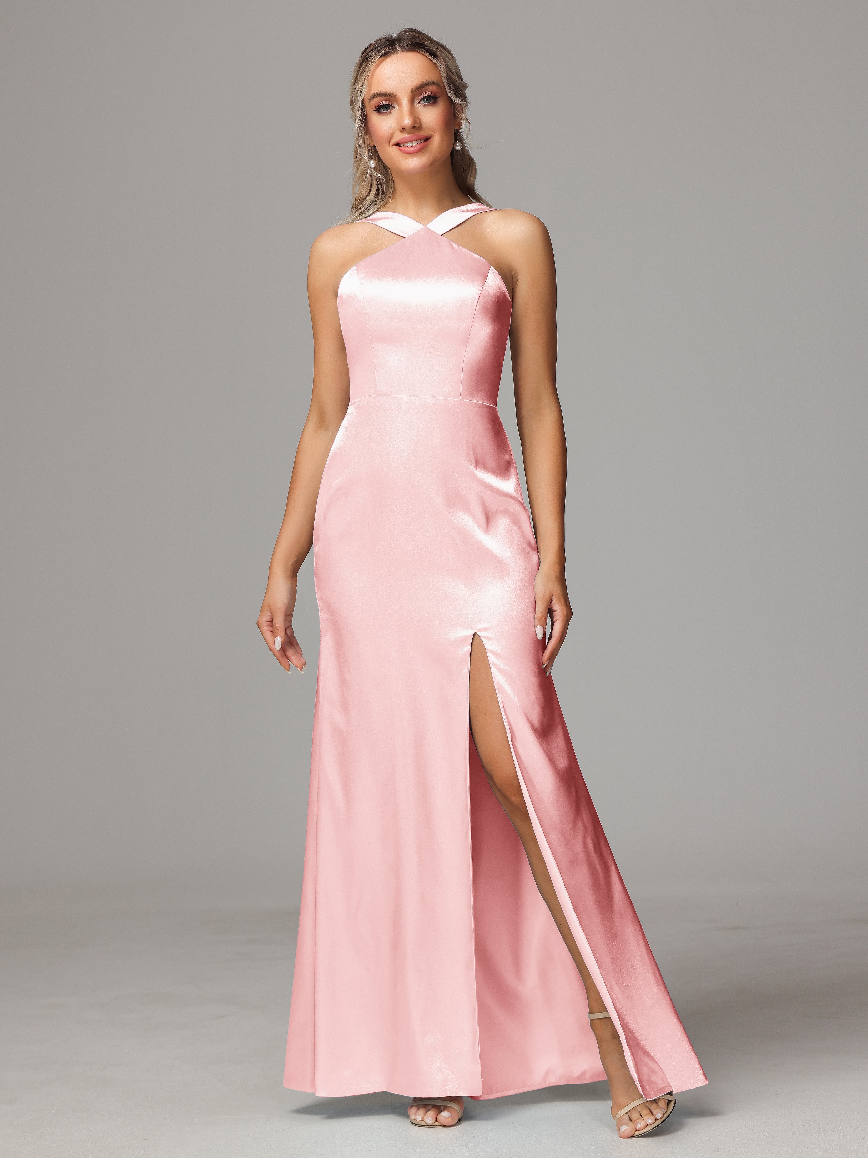 Halter Sleeveless Soft Satin Wedding Guest Dress