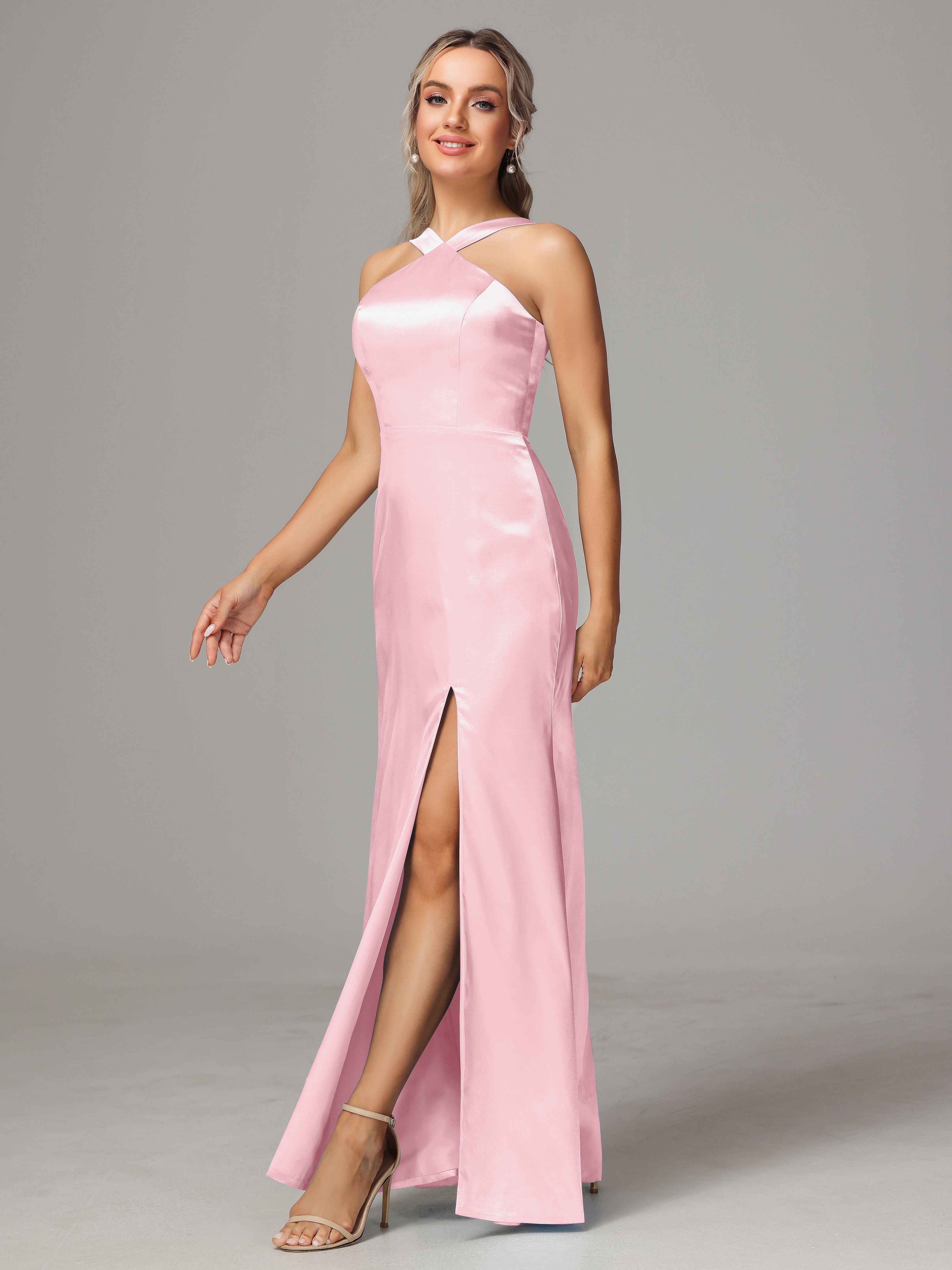 Halter Sleeveless Soft Satin Wedding Guest Dress