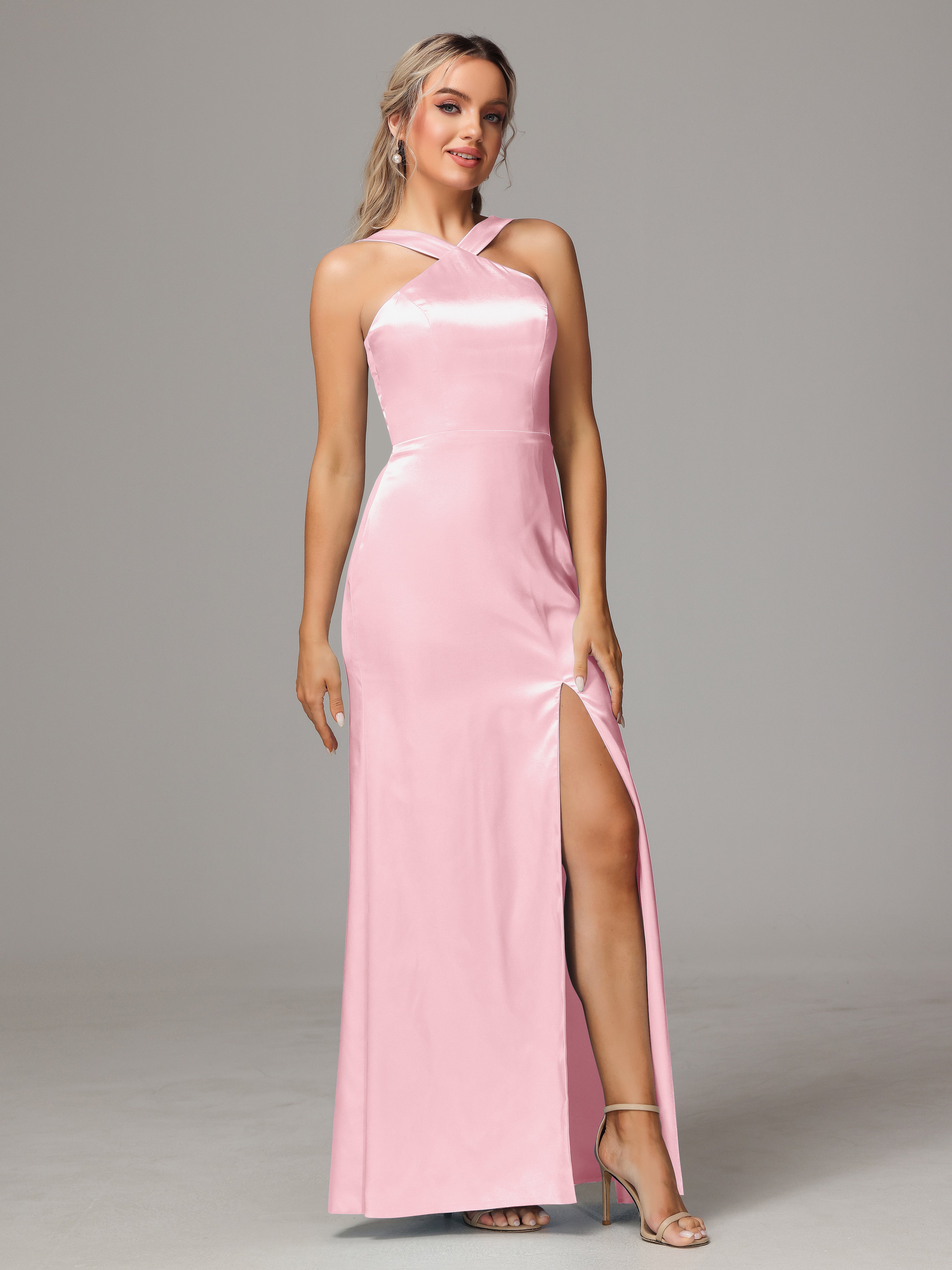 Halter Sleeveless Soft Satin Wedding Guest Dress