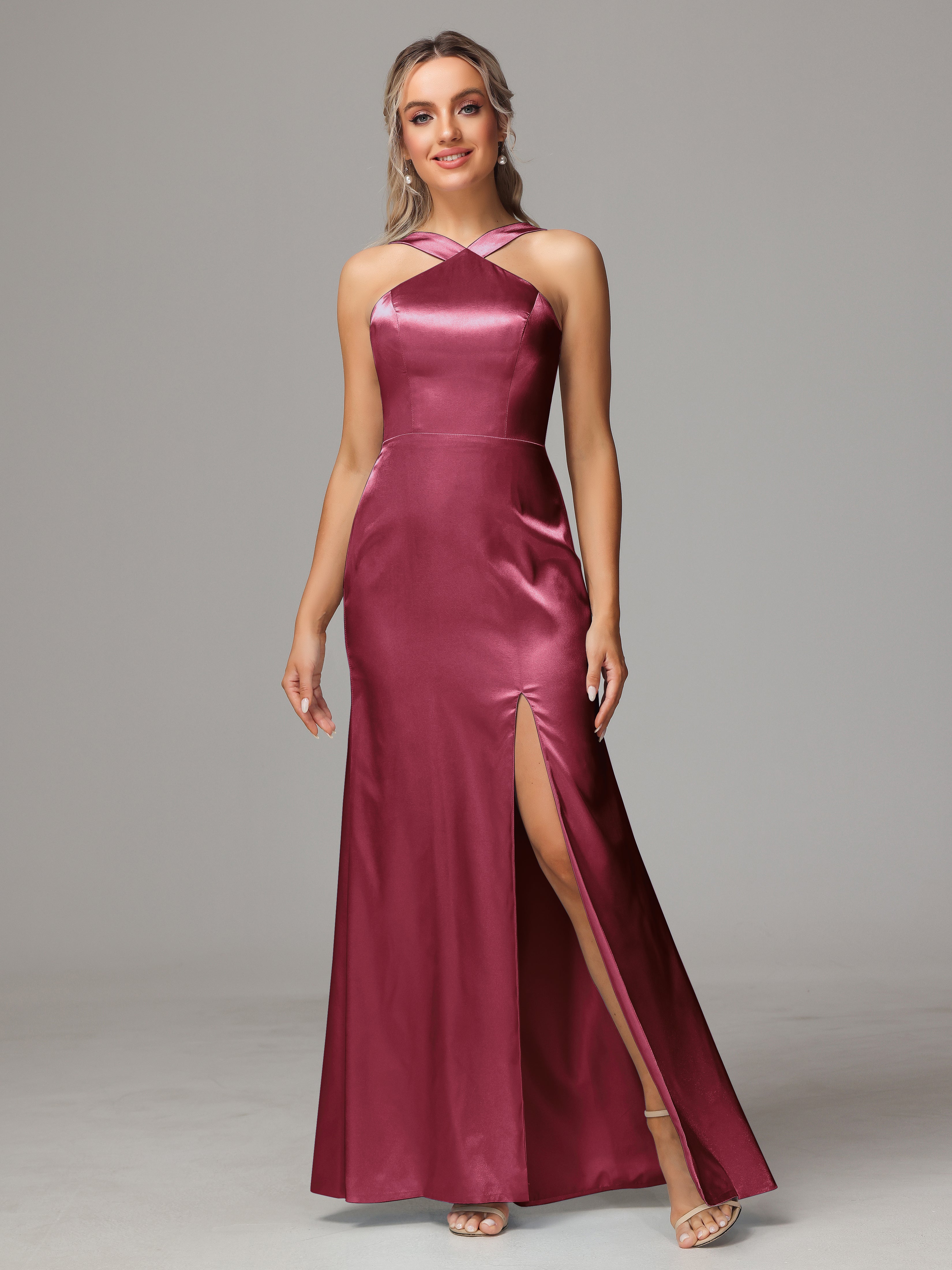 Halter Sleeveless Soft Satin Wedding Guest Dress