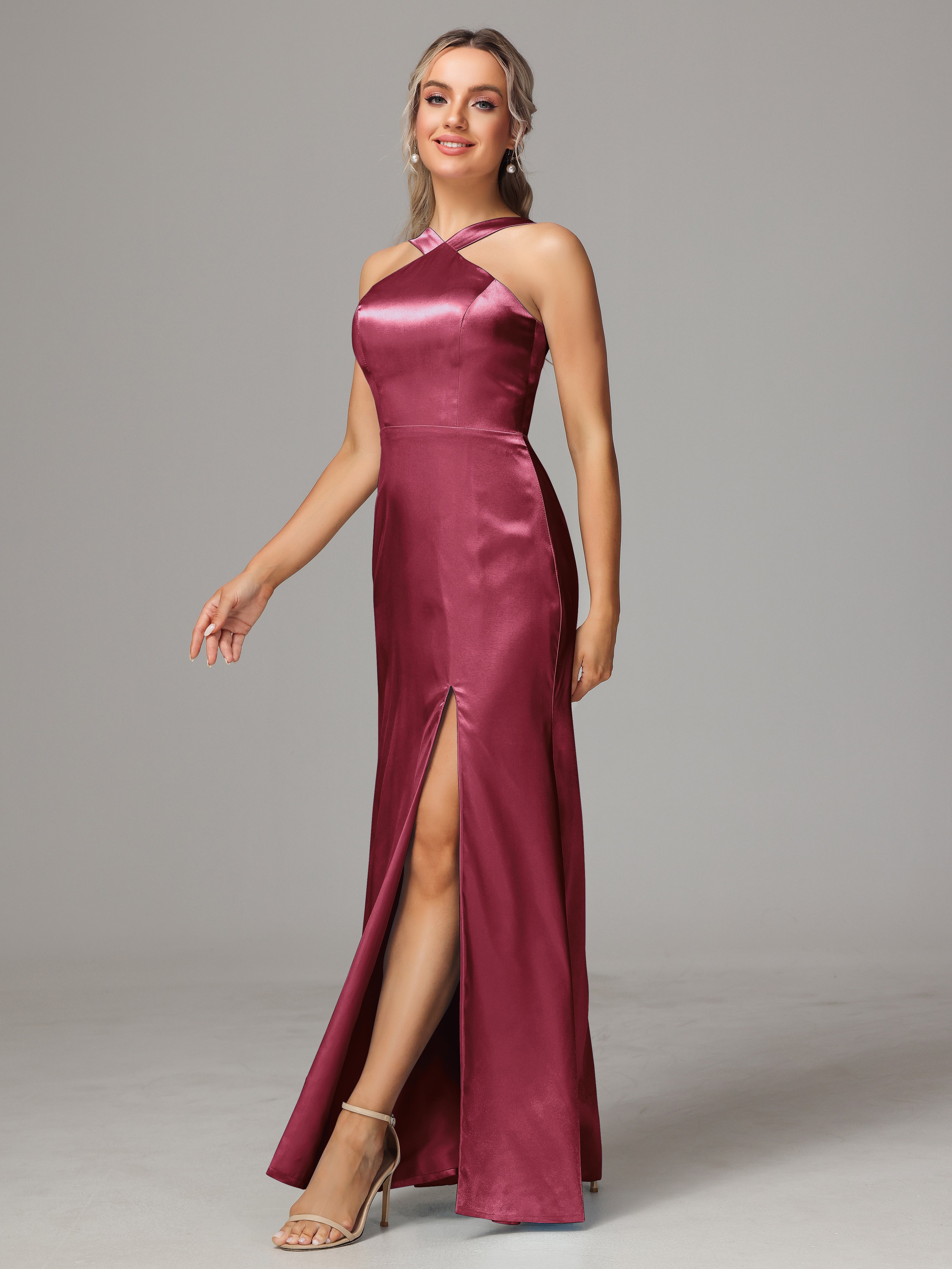 Halter Sleeveless Soft Satin Wedding Guest Dress