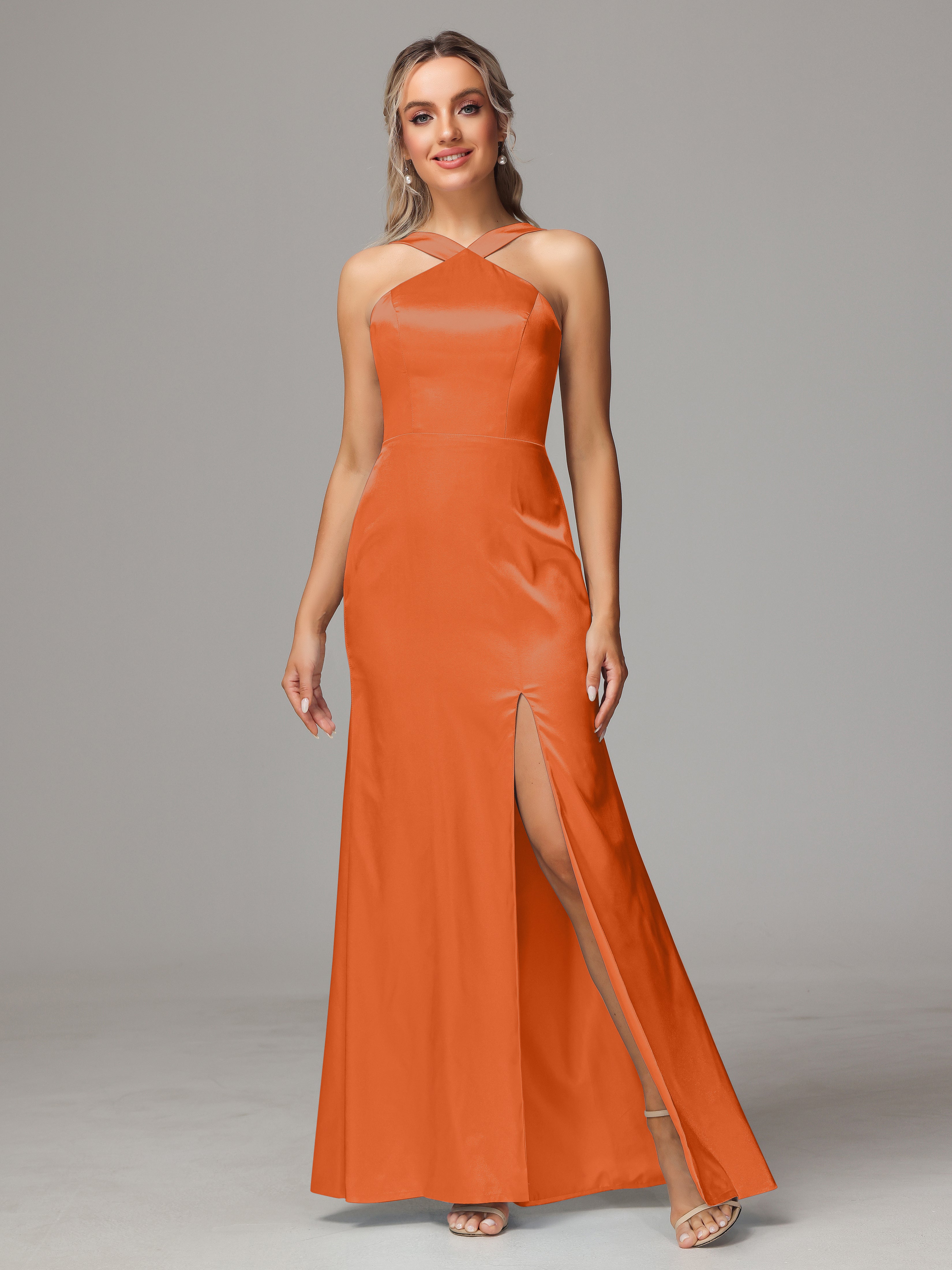 Halter Sleeveless Soft Satin Wedding Guest Dress