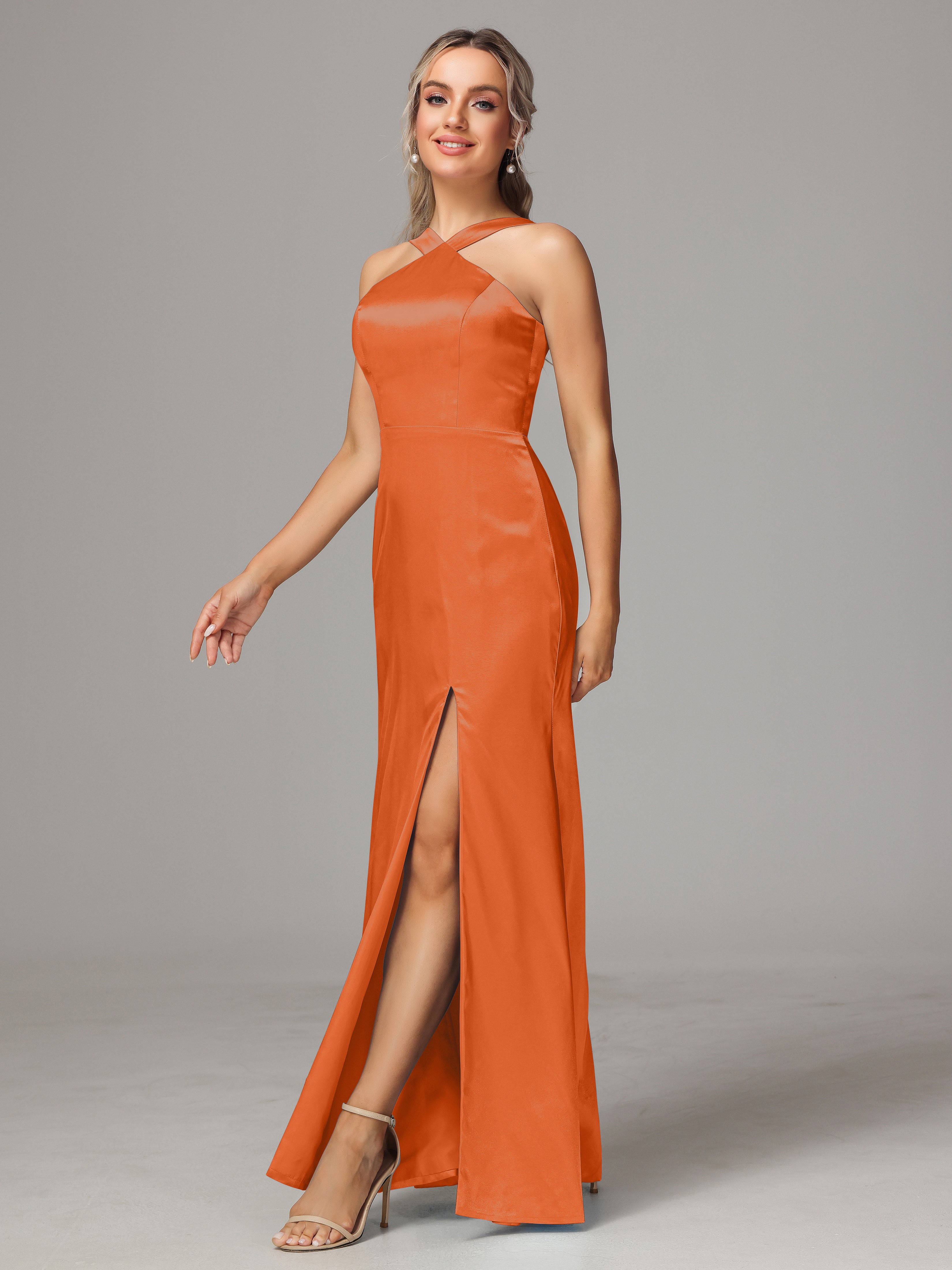 Halter Sleeveless Soft Satin Wedding Guest Dress