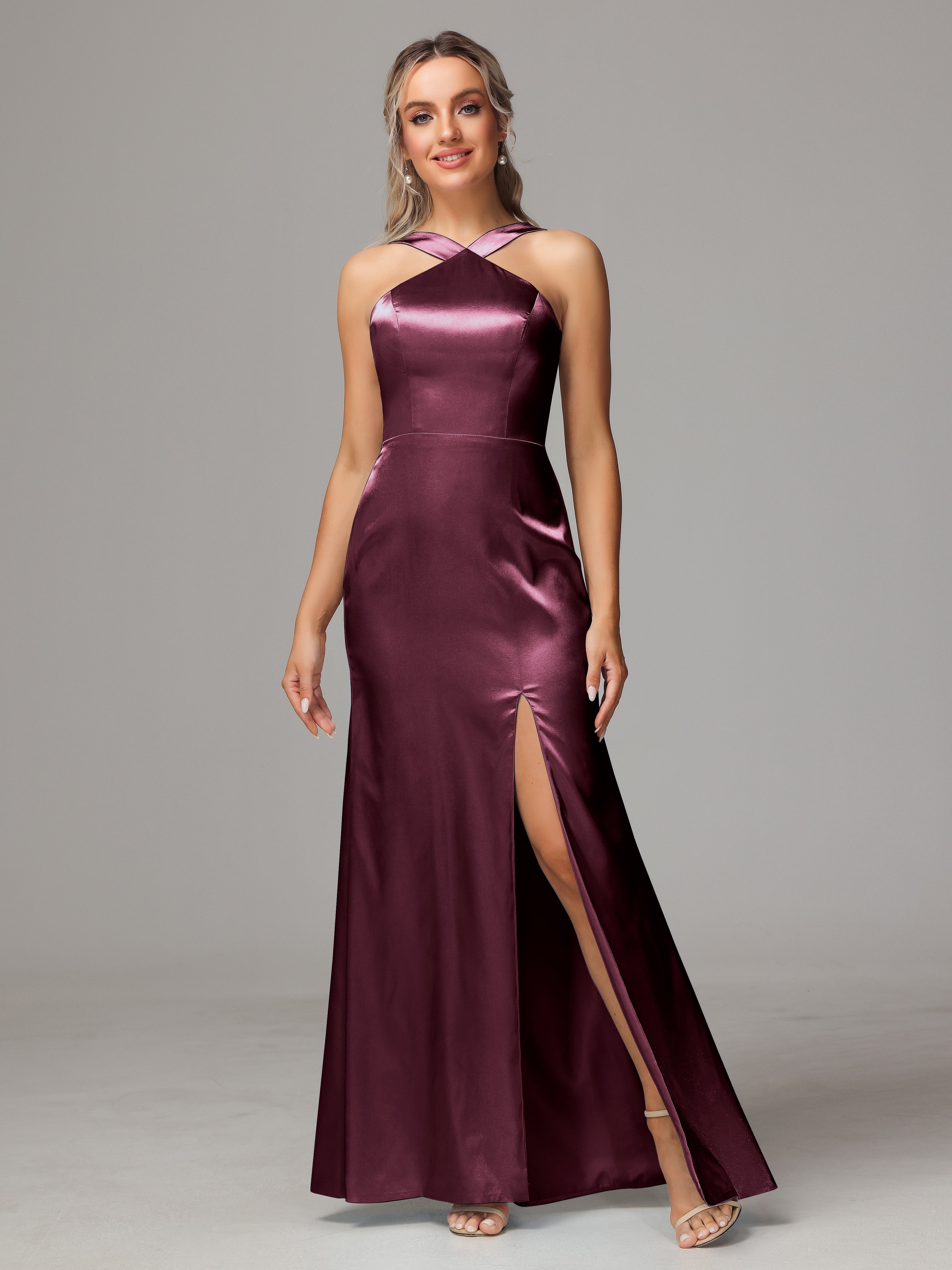 Halter Sleeveless Soft Satin Wedding Guest Dress