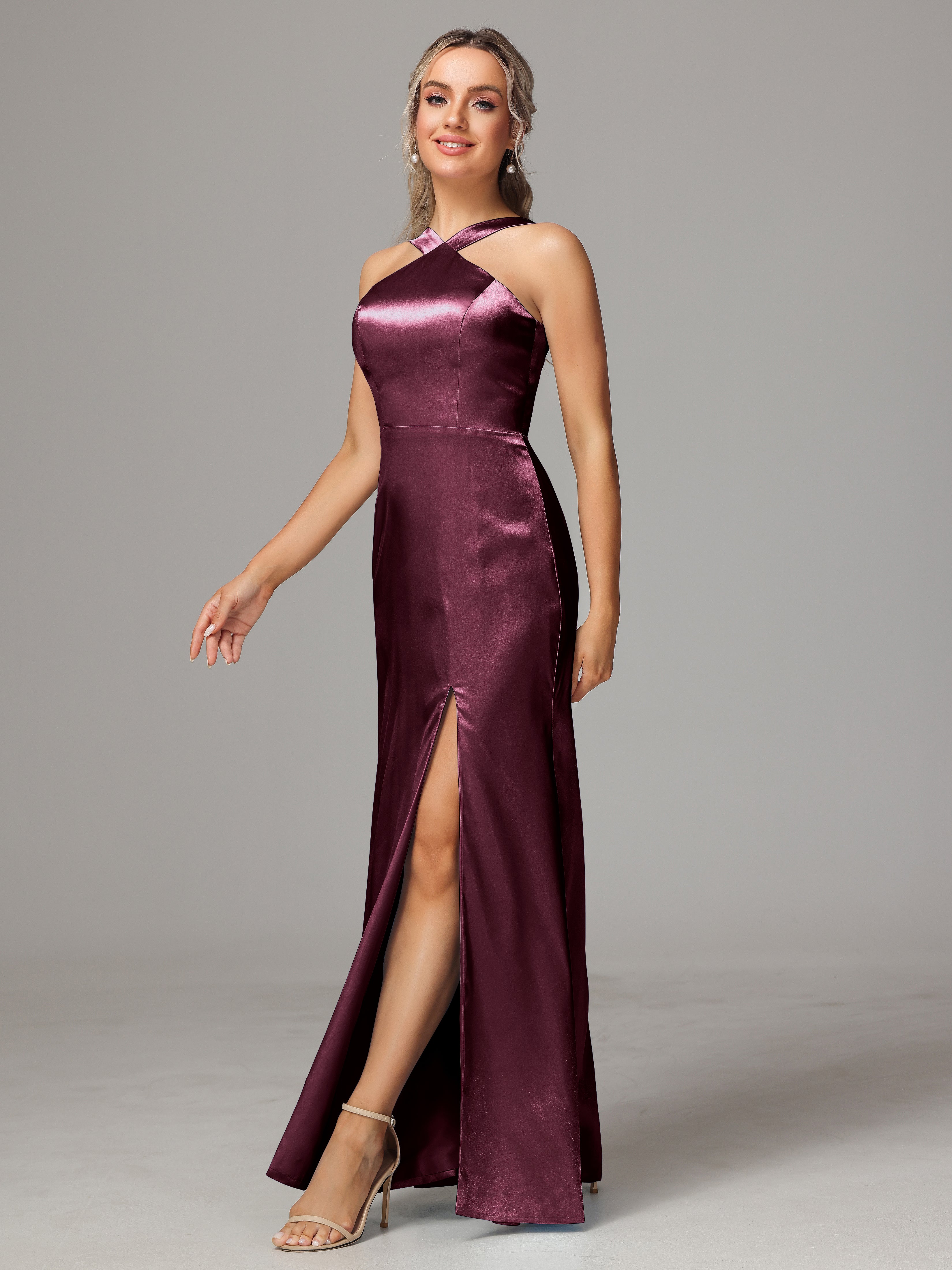 Halter Sleeveless Soft Satin Wedding Guest Dress