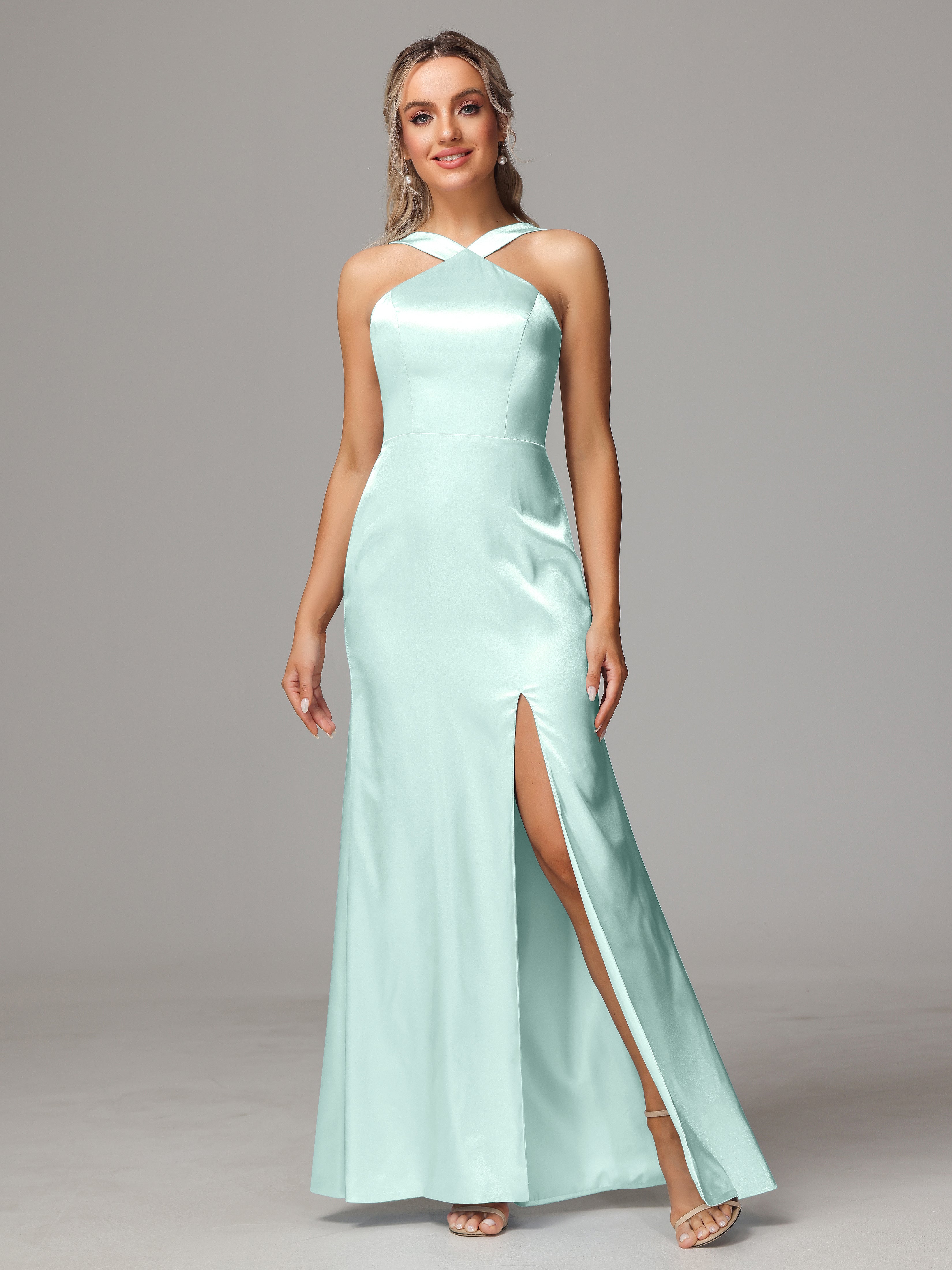 Halter Sleeveless Soft Satin Wedding Guest Dress