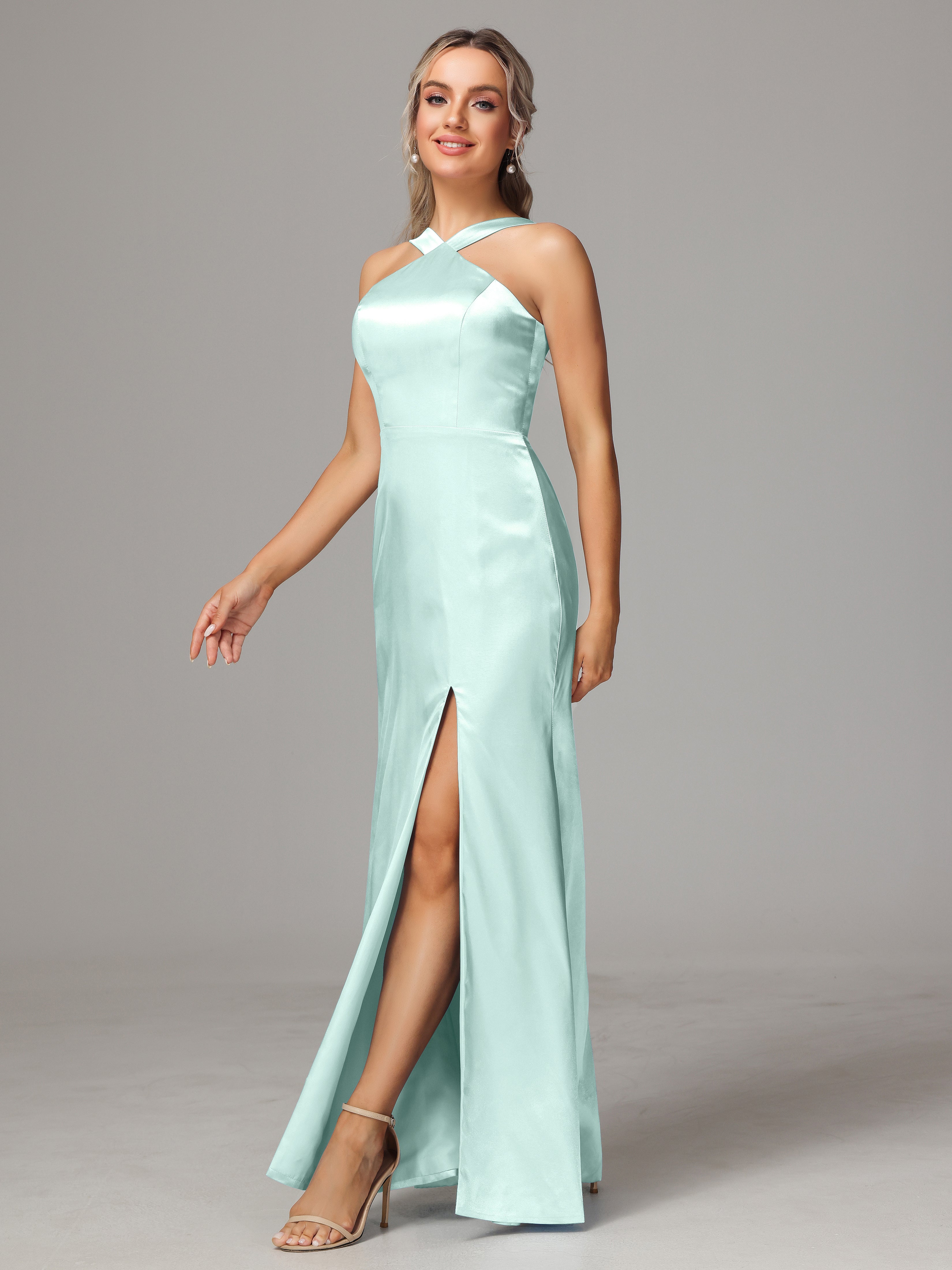 Halter Sleeveless Soft Satin Wedding Guest Dress