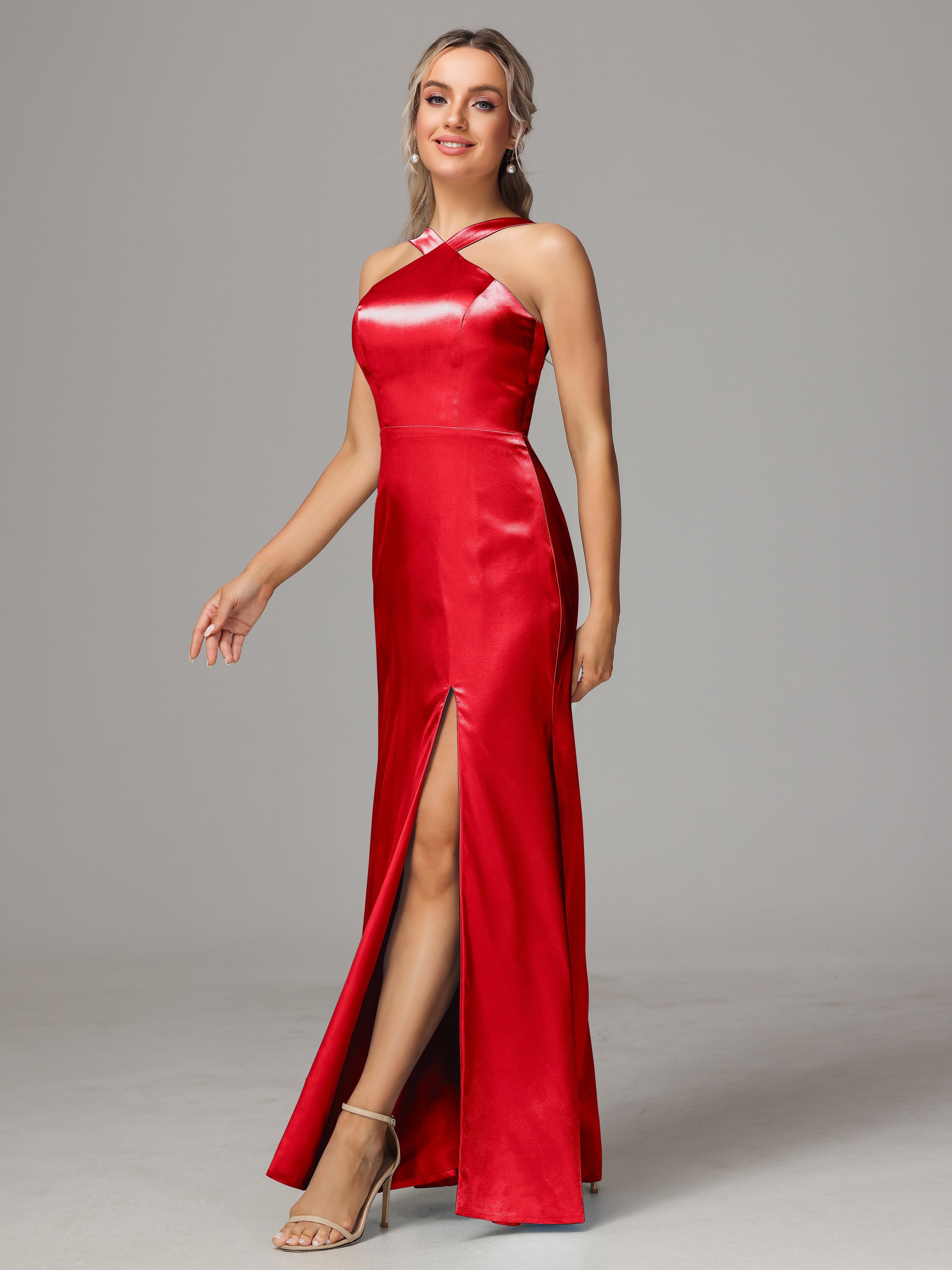 Halter Sleeveless Soft Satin Wedding Guest Dress