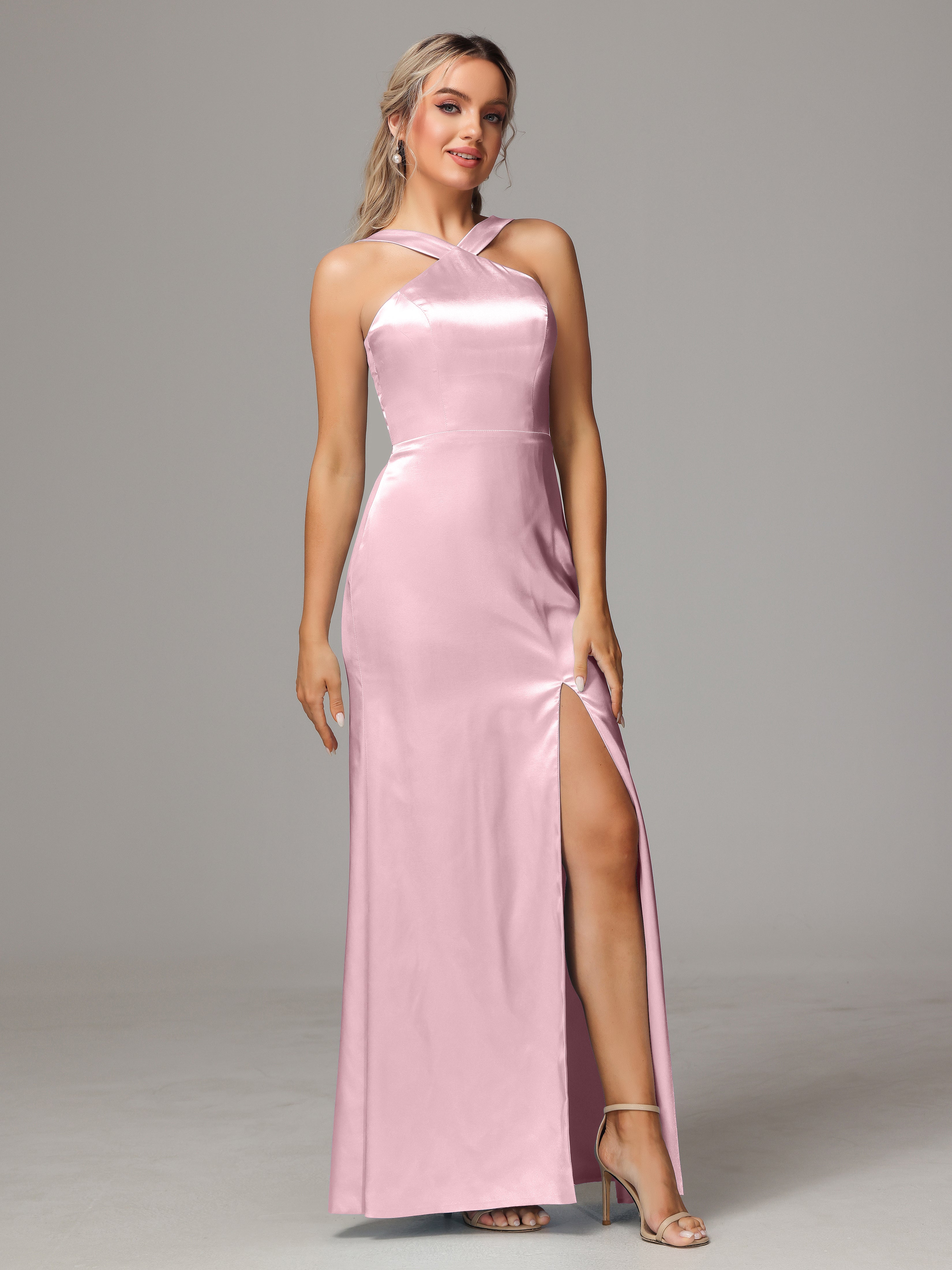 Halter Sleeveless Soft Satin Wedding Guest Dress