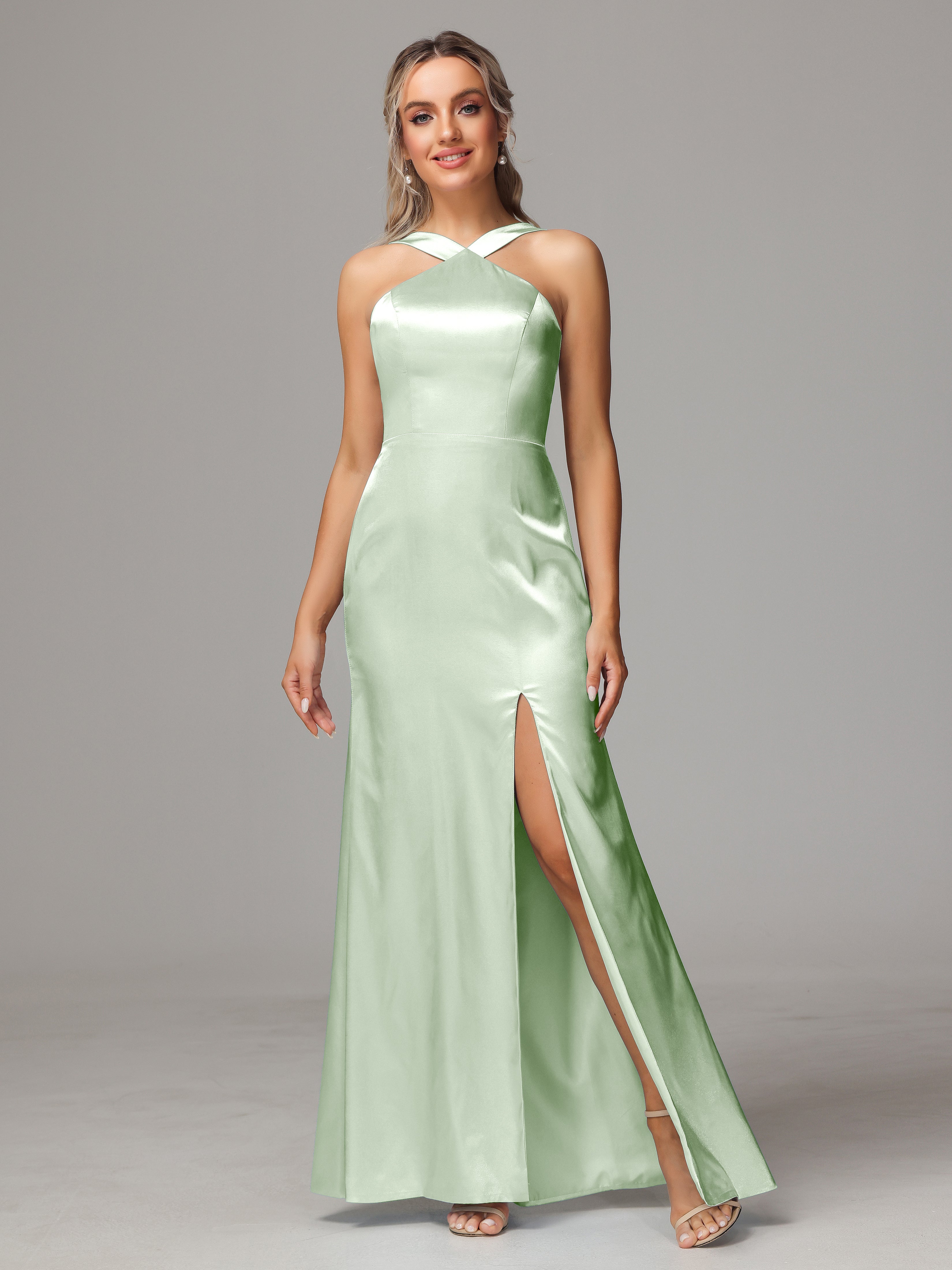 Halter Sleeveless Soft Satin Wedding Guest Dress