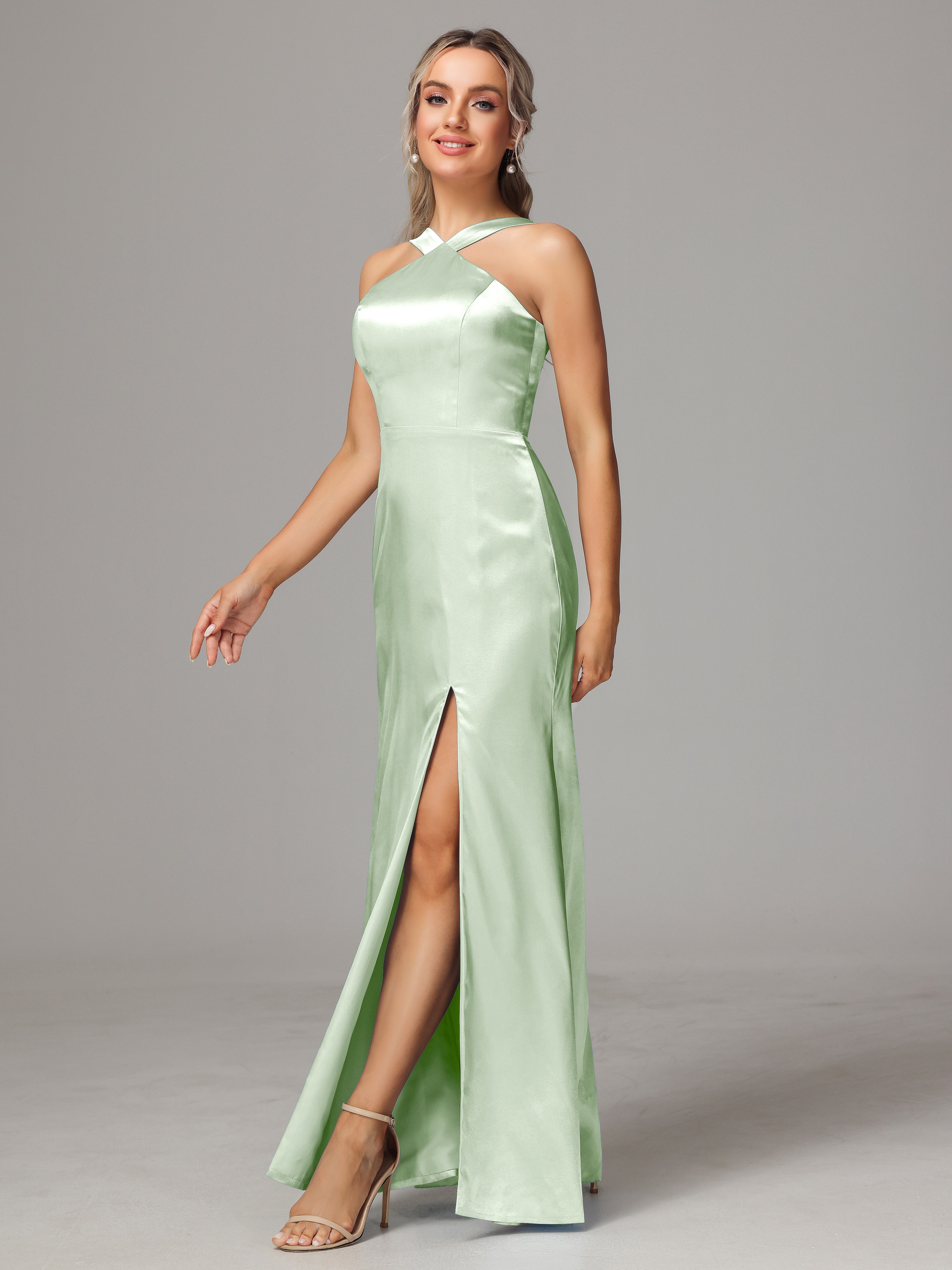 Halter Sleeveless Soft Satin Wedding Guest Dress