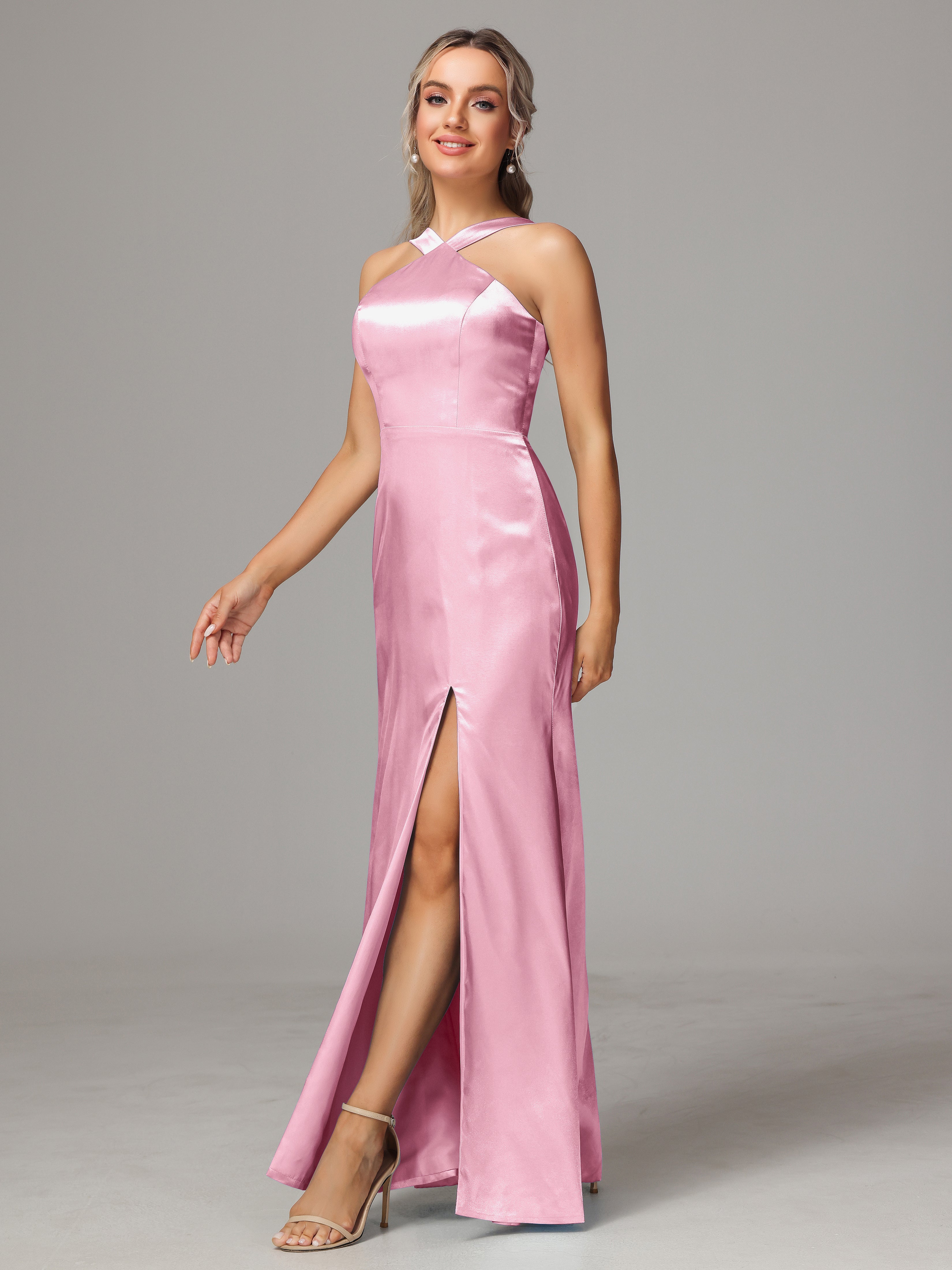 Halter Sleeveless Soft Satin Wedding Guest Dress