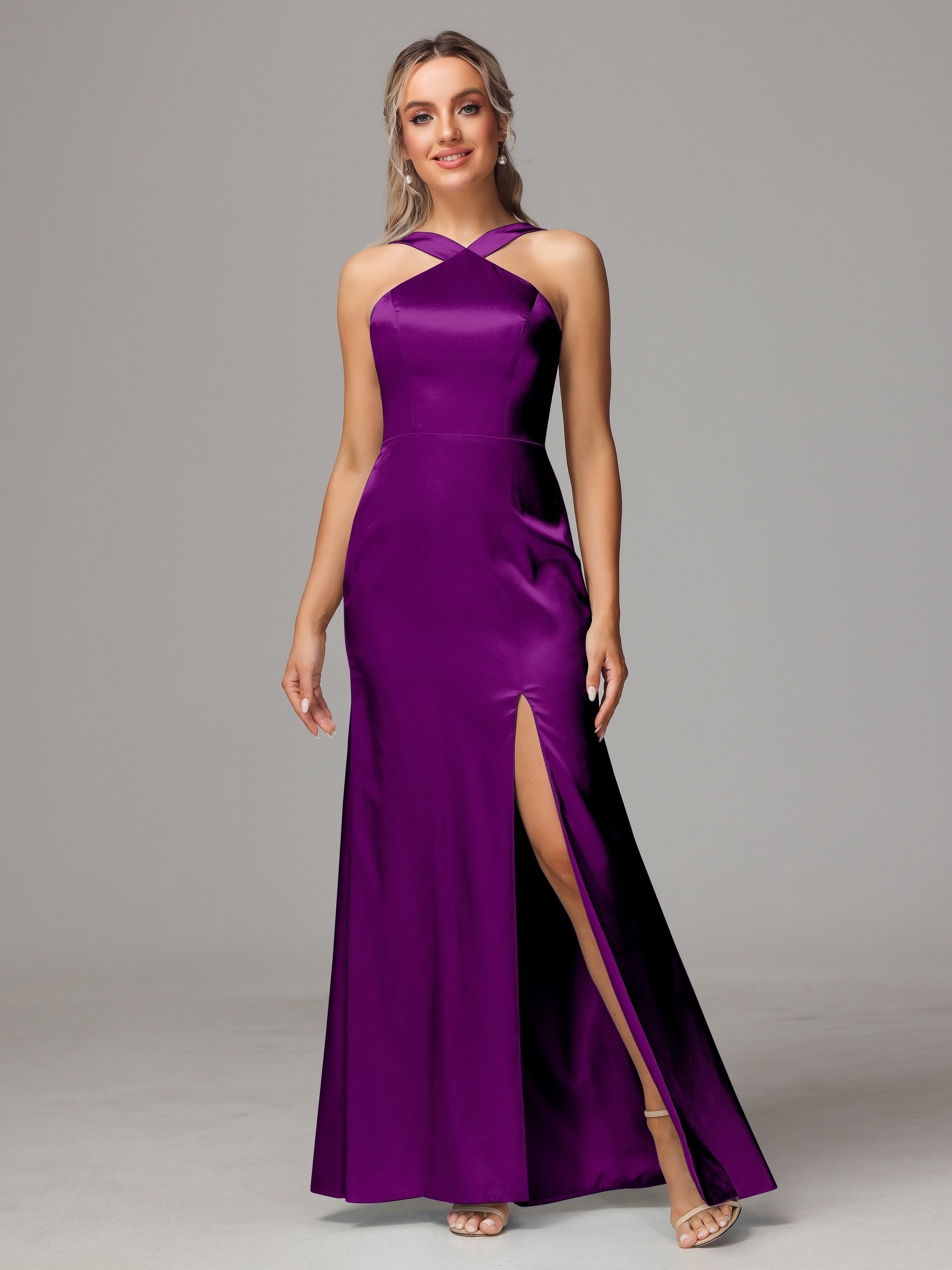 Halter Sleeveless Soft Satin Wedding Guest Dress