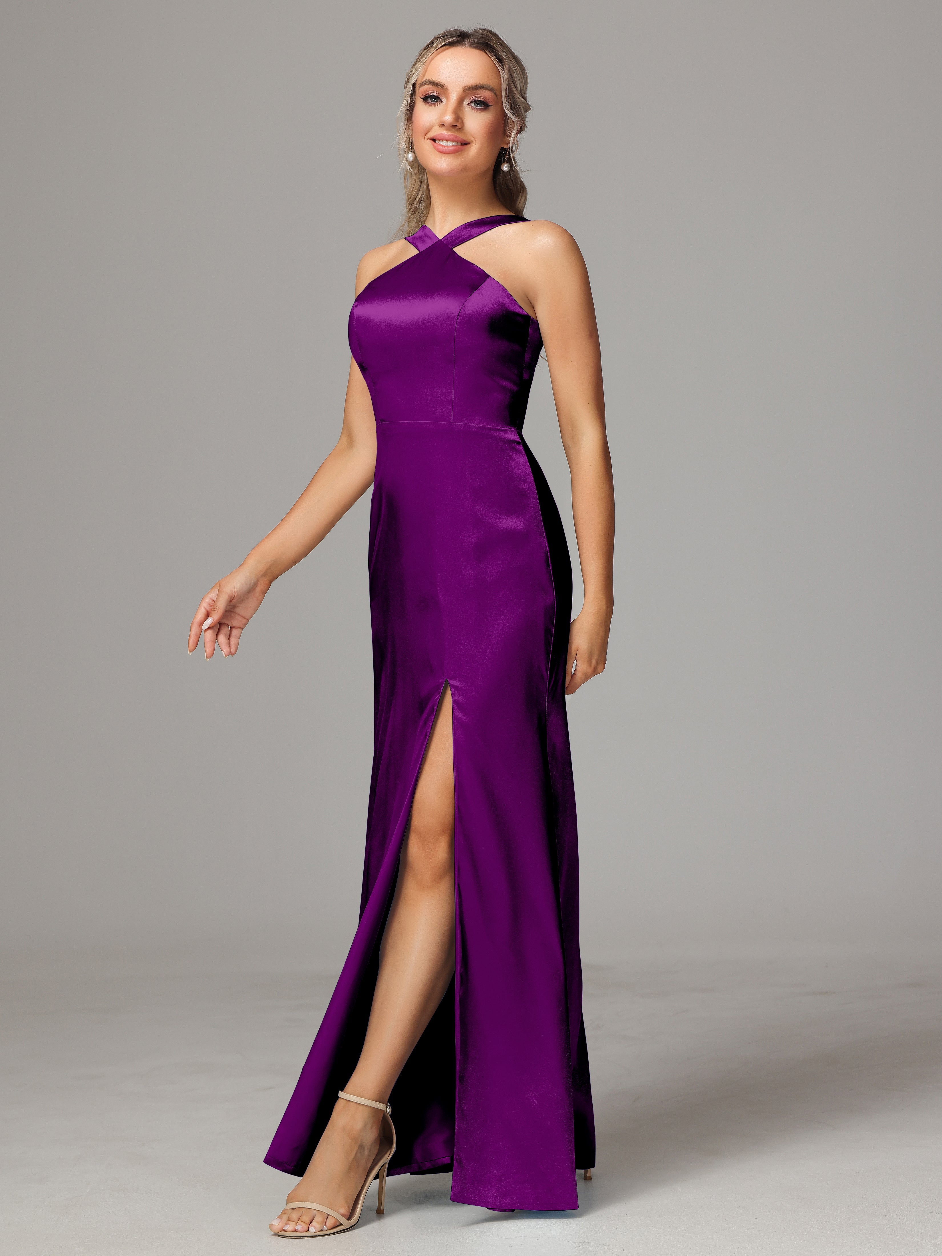 Halter Sleeveless Soft Satin Wedding Guest Dress