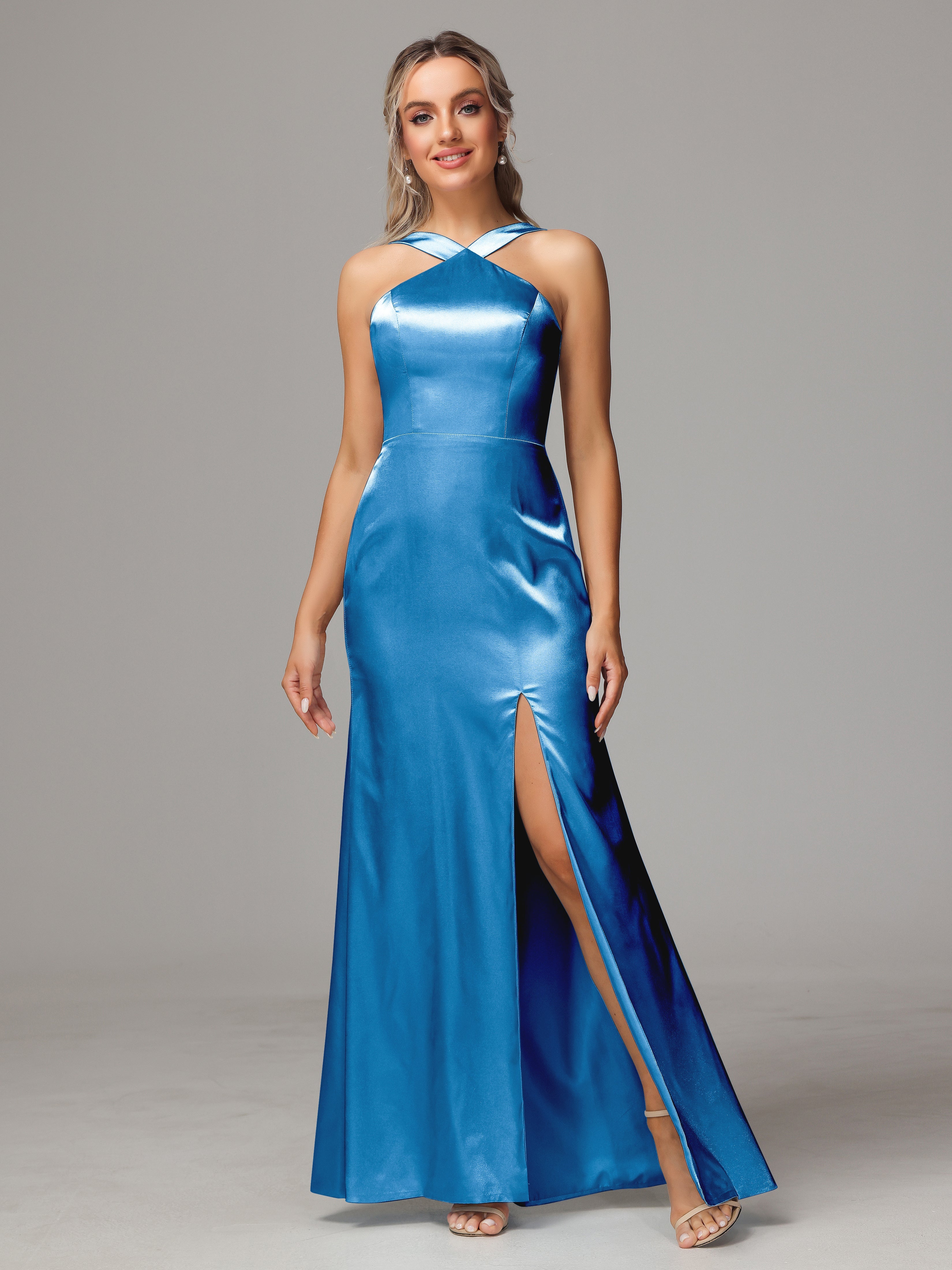 Halter Sleeveless Soft Satin Wedding Guest Dress