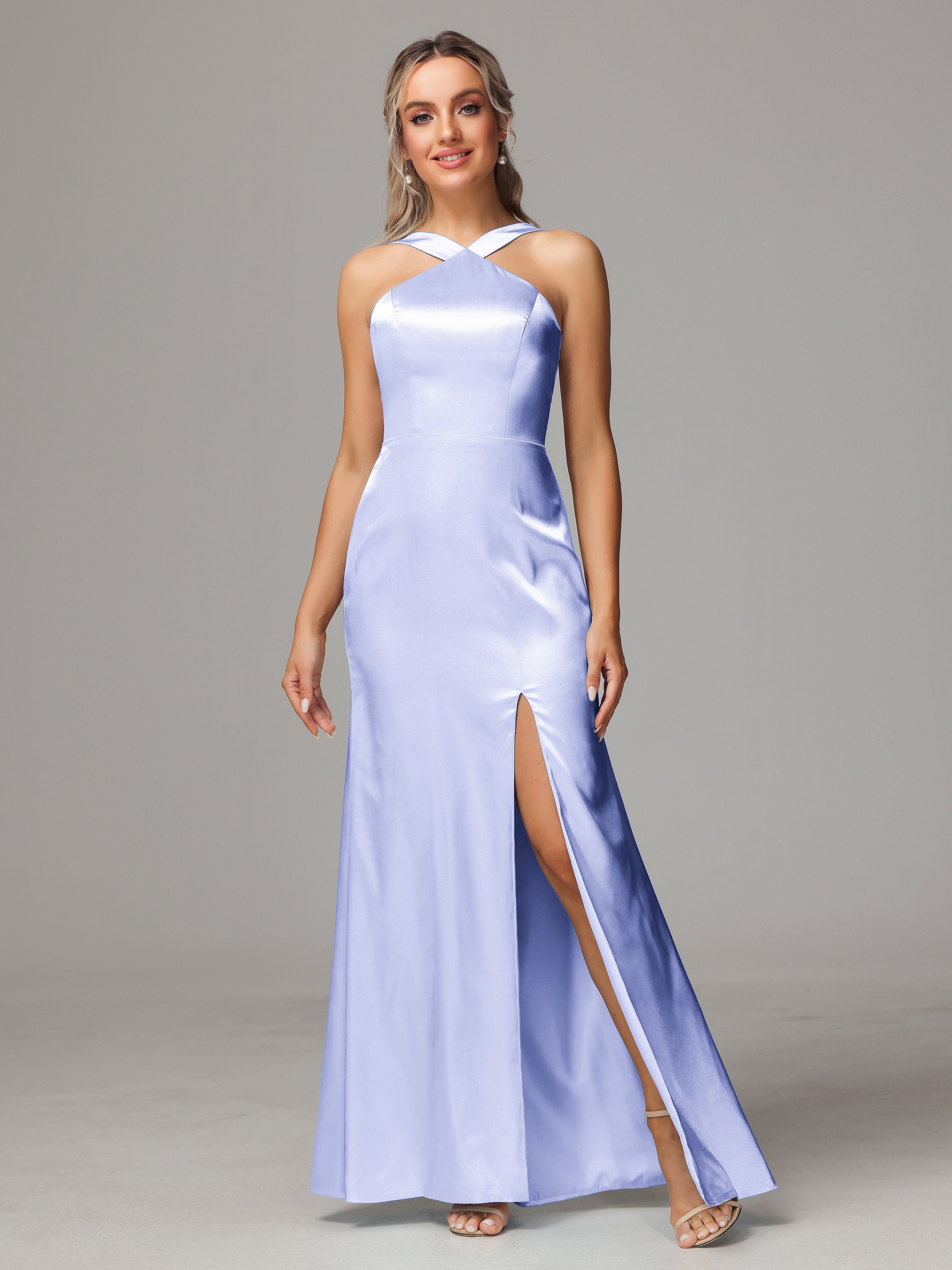 Halter Sleeveless Soft Satin Wedding Guest Dress