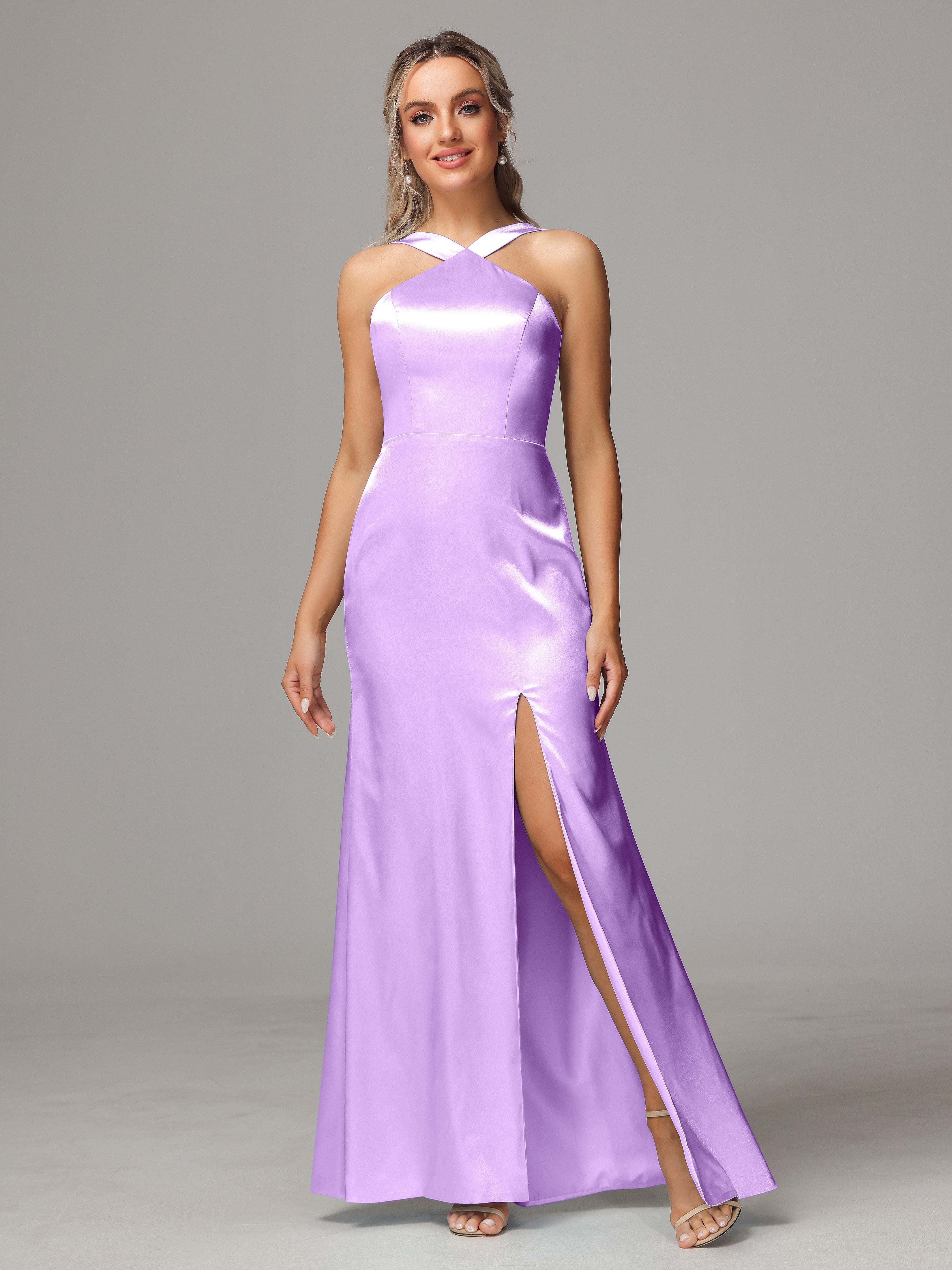 Halter Sleeveless Soft Satin Bridesmaid Dress