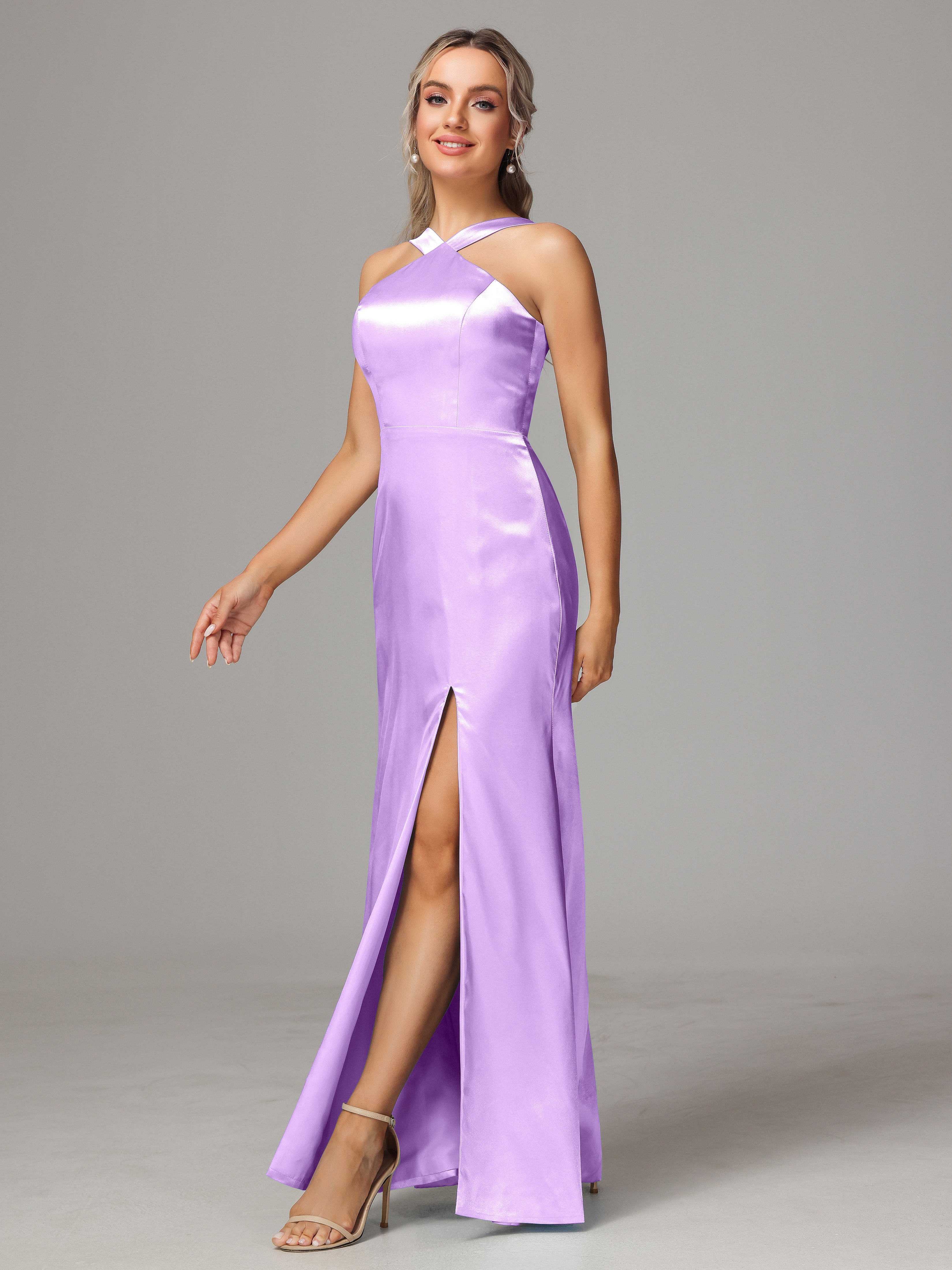 Halter Sleeveless Soft Satin Wedding Guest Dress