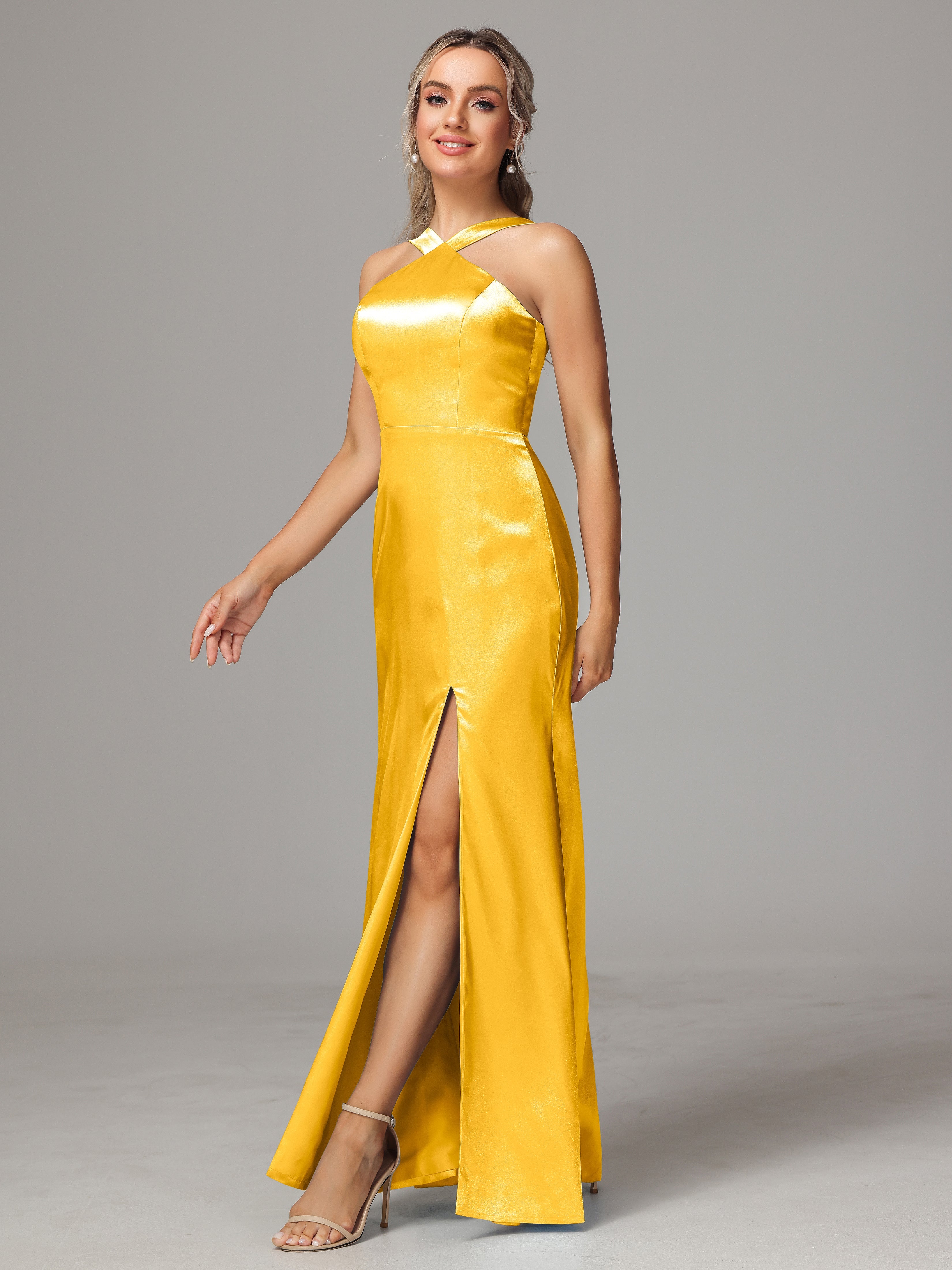 Halter Sleeveless Soft Satin Wedding Guest Dress