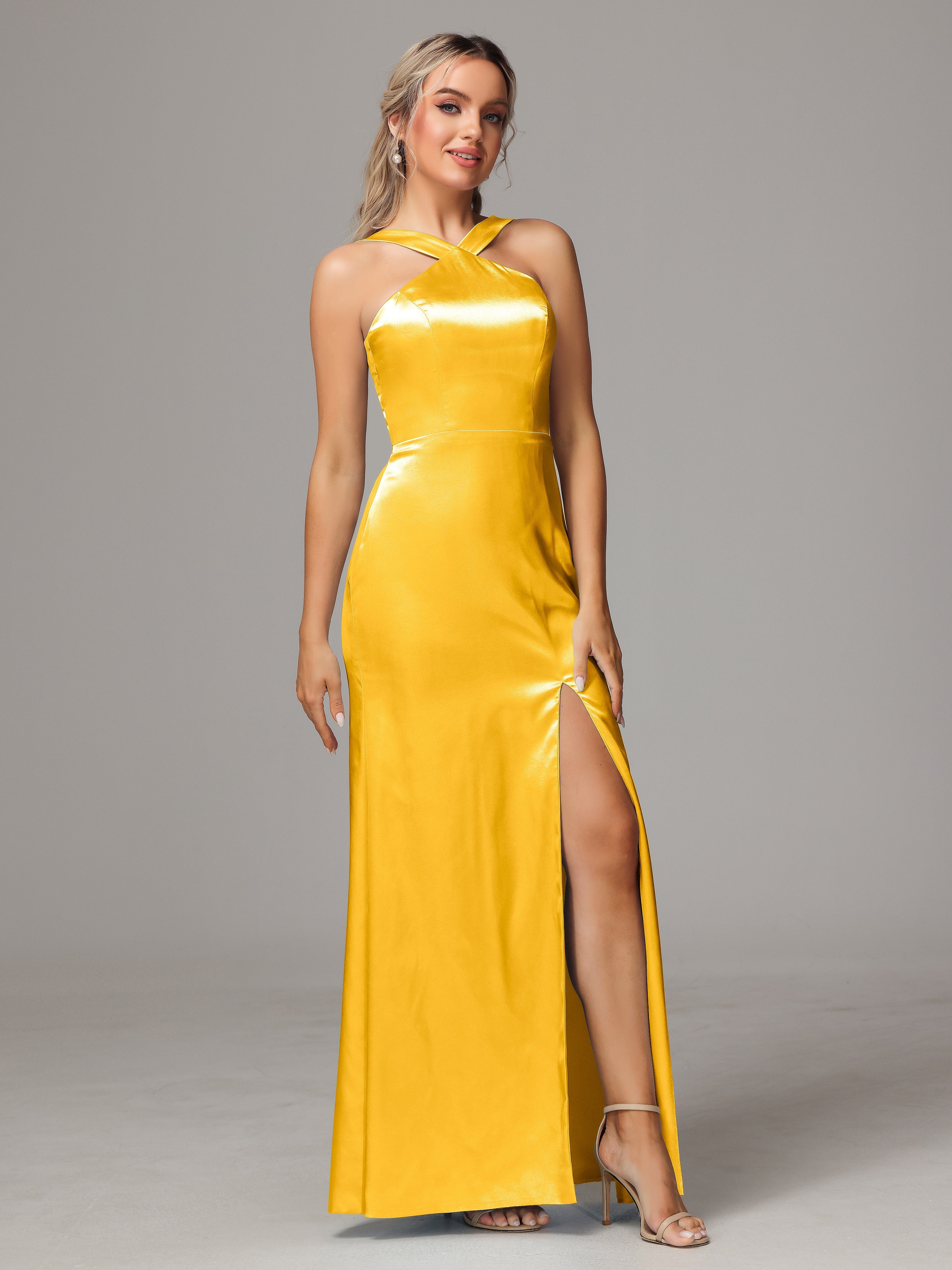 Halter Sleeveless Soft Satin Wedding Guest Dress