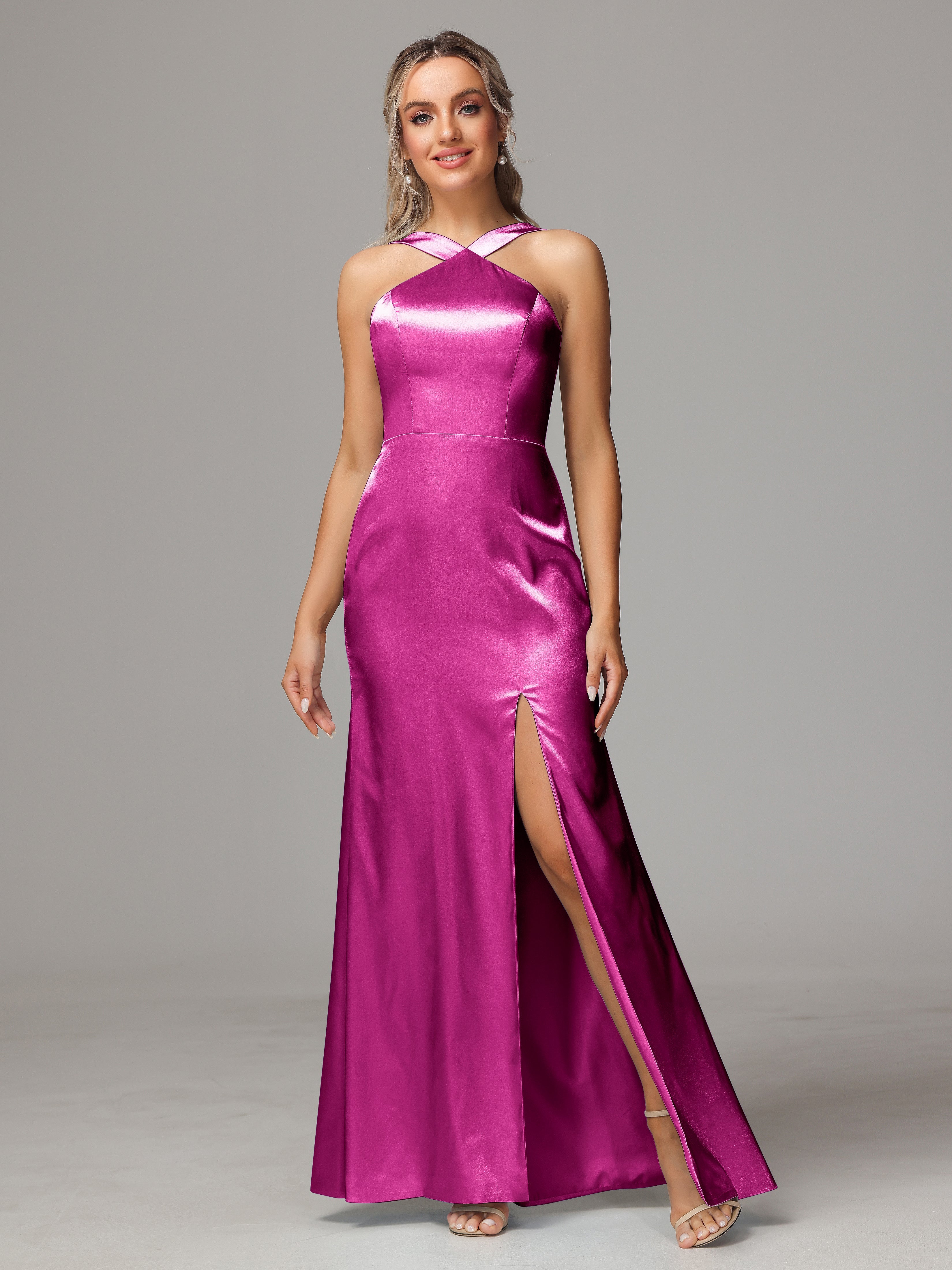 Halter Sleeveless Soft Satin Wedding Guest Dress