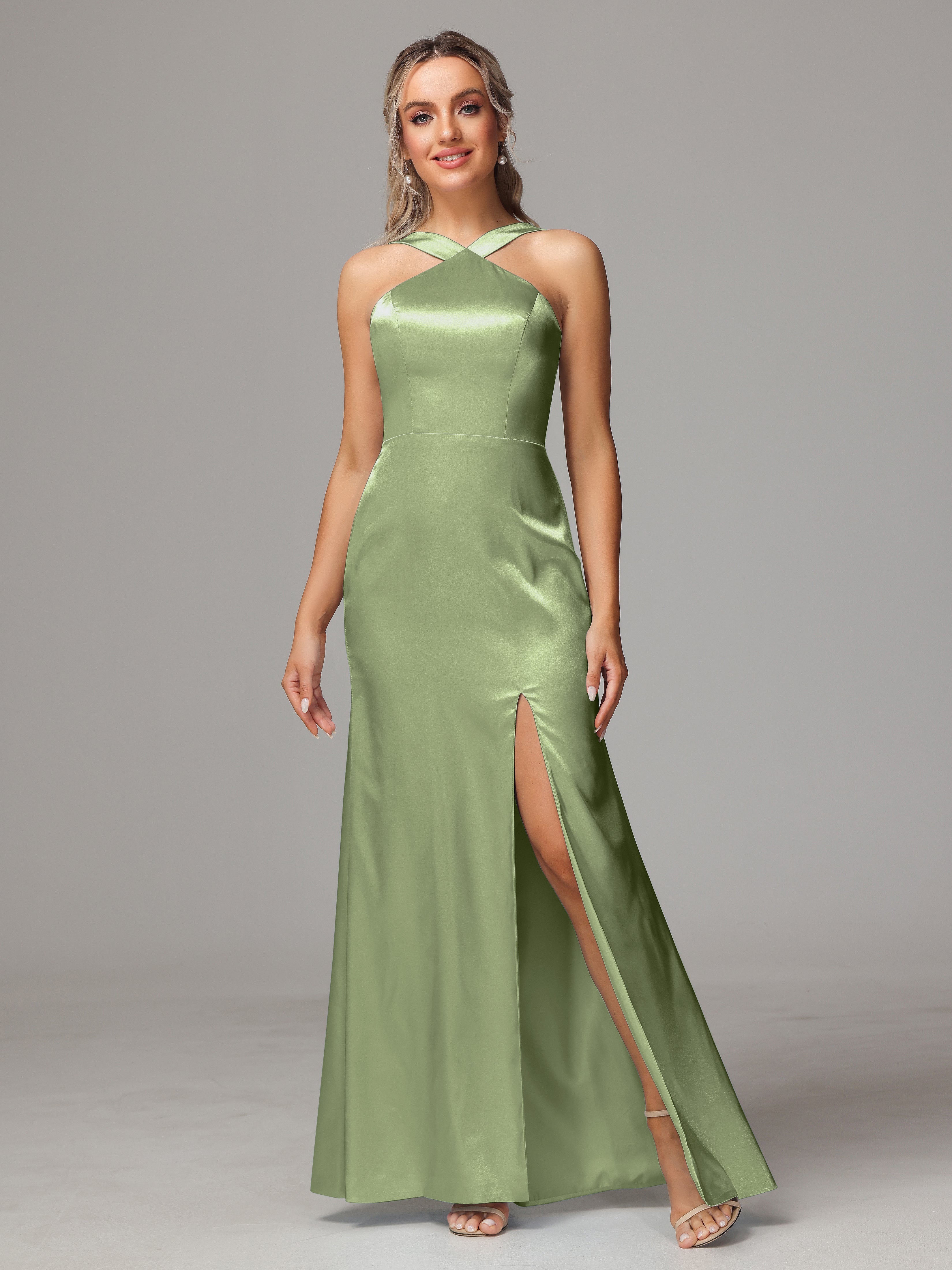 Halter Sleeveless Soft Satin Wedding Guest Dress