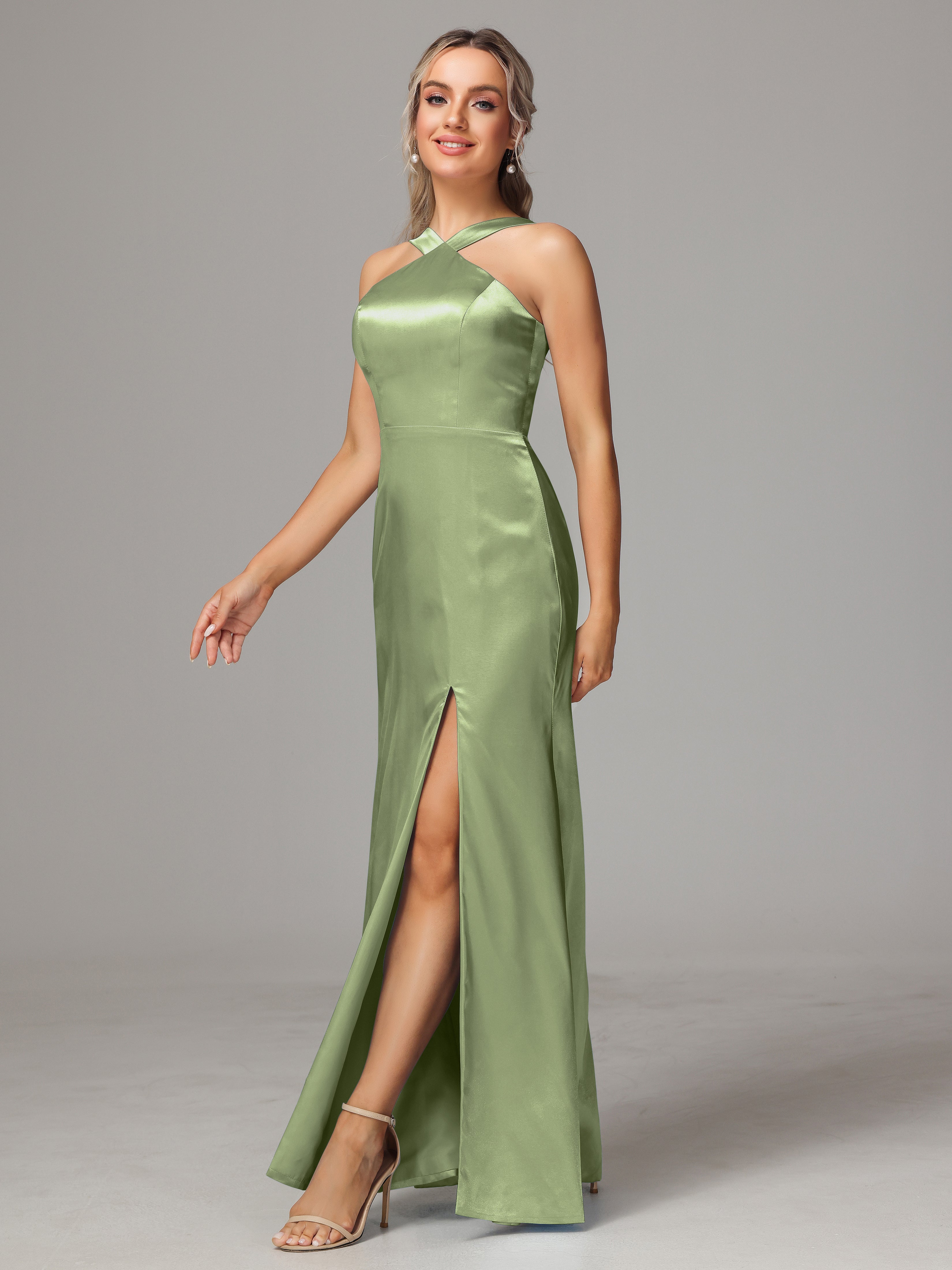 Halter Sleeveless Soft Satin Bridesmaid Dress